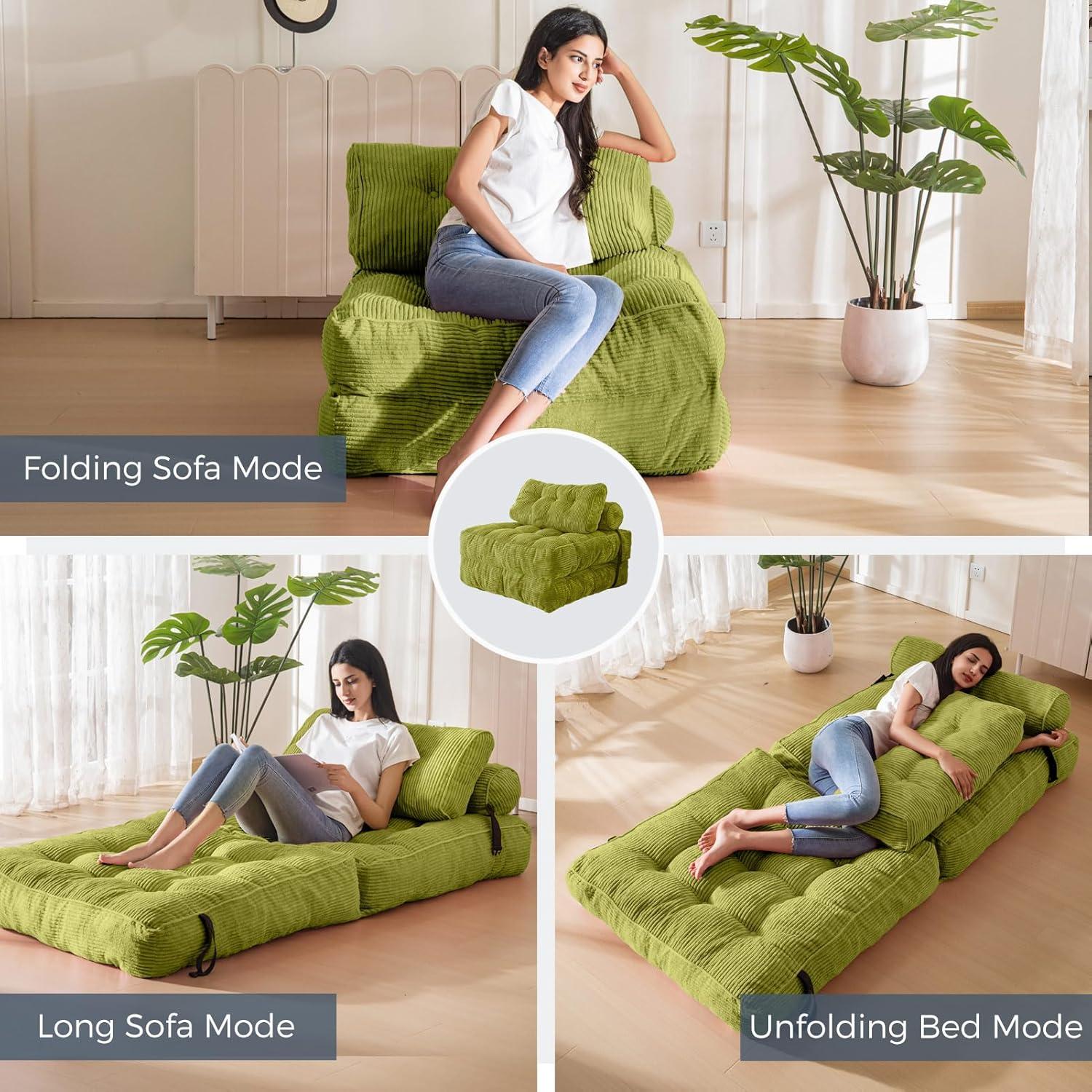 Green Corded Fabric Folding Sofa Bed with Pillow, Single