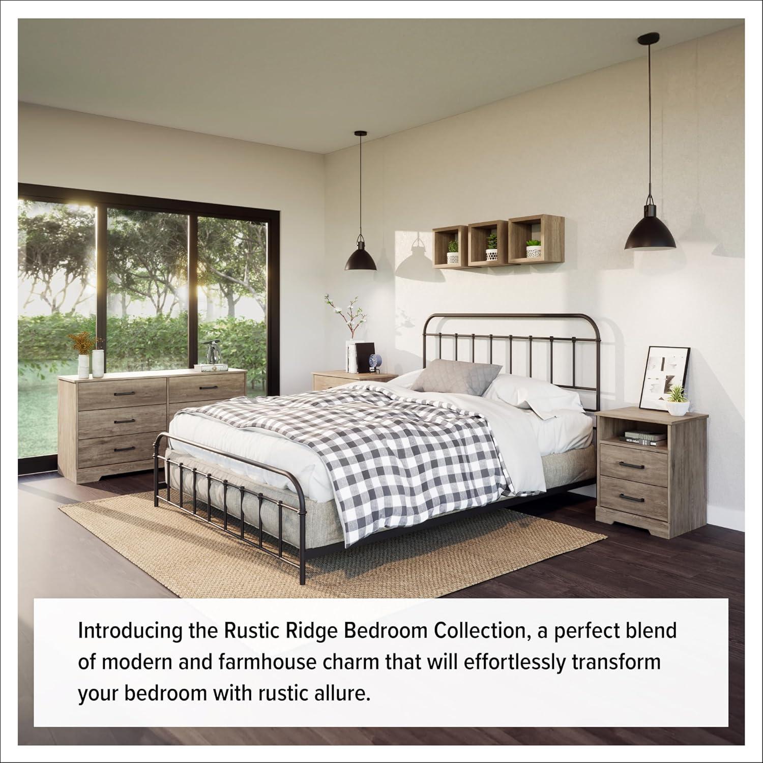 Prepac Rustic Ridge Farmhouse Bedside Nightstand with 3 Drawers Brown