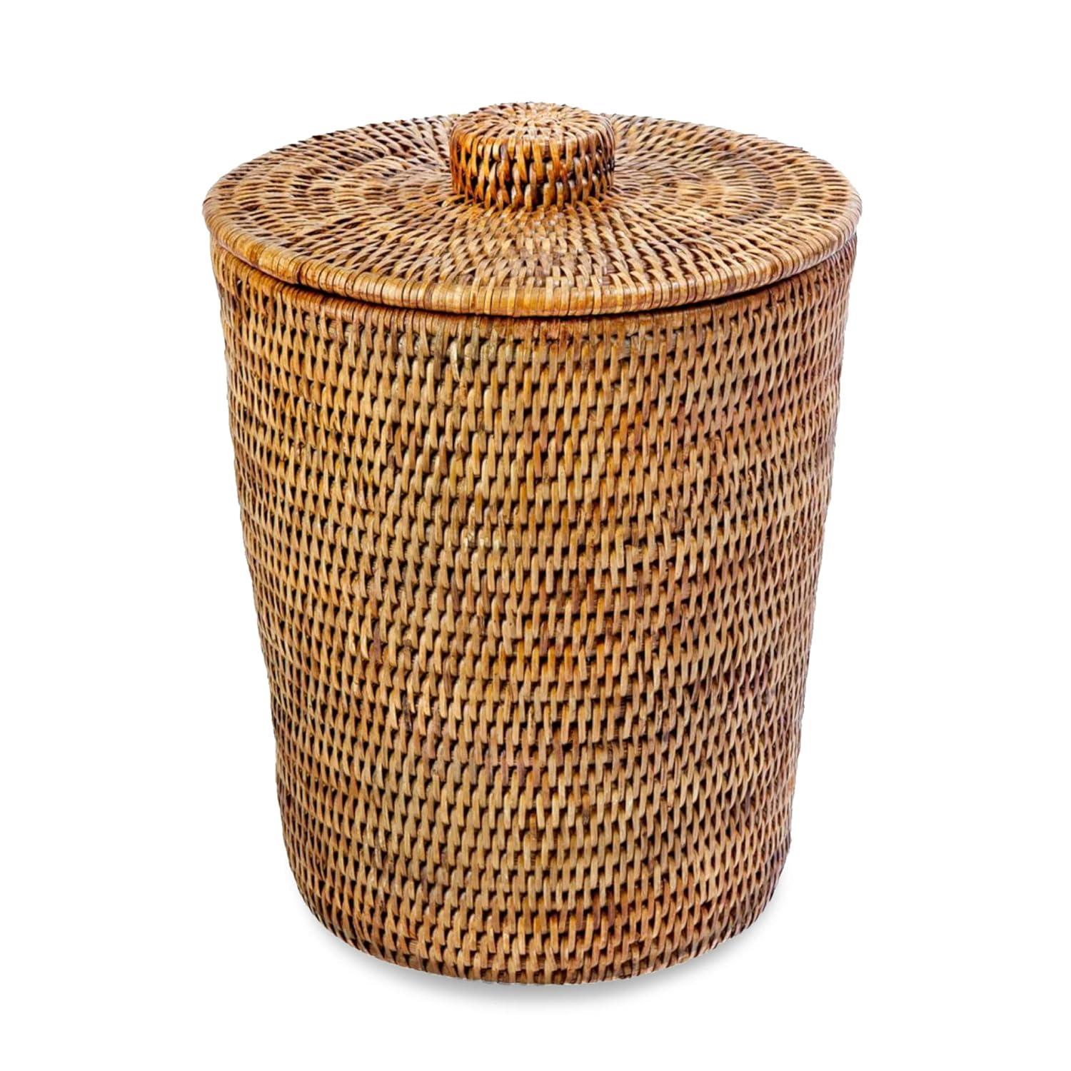 Honey Brown Rattan Waste Basket with Black Plastic Insert