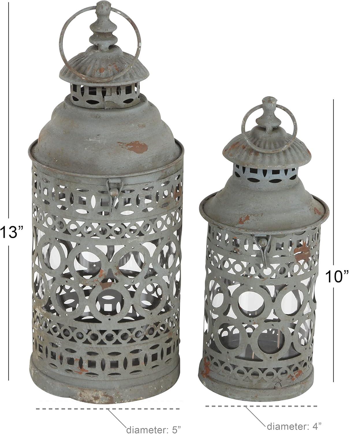 Rustic Gray Iron Candle Lantern Set with Intricate Cutouts