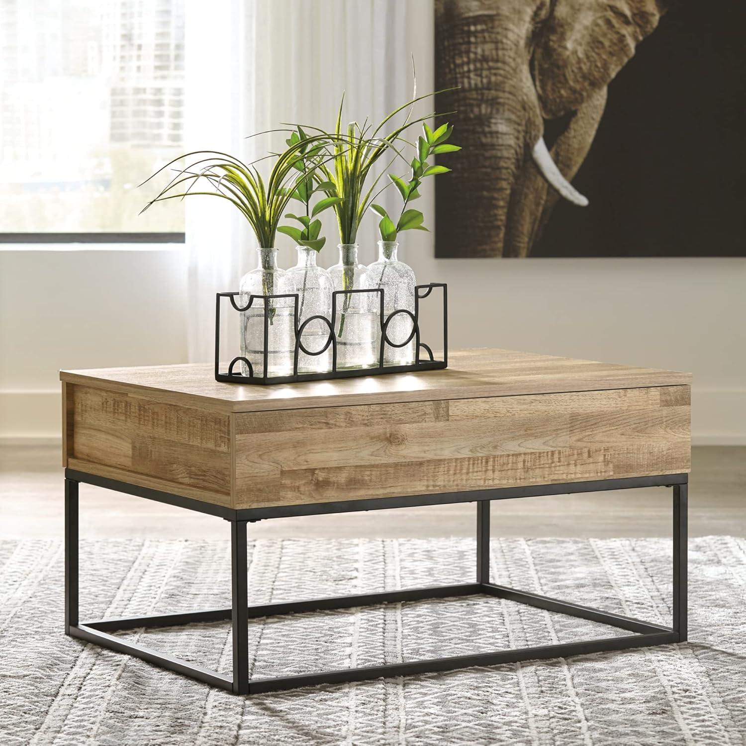 Urban Loft 36'' Beige & Black Rectangular Lift-Top Coffee Table with Storage