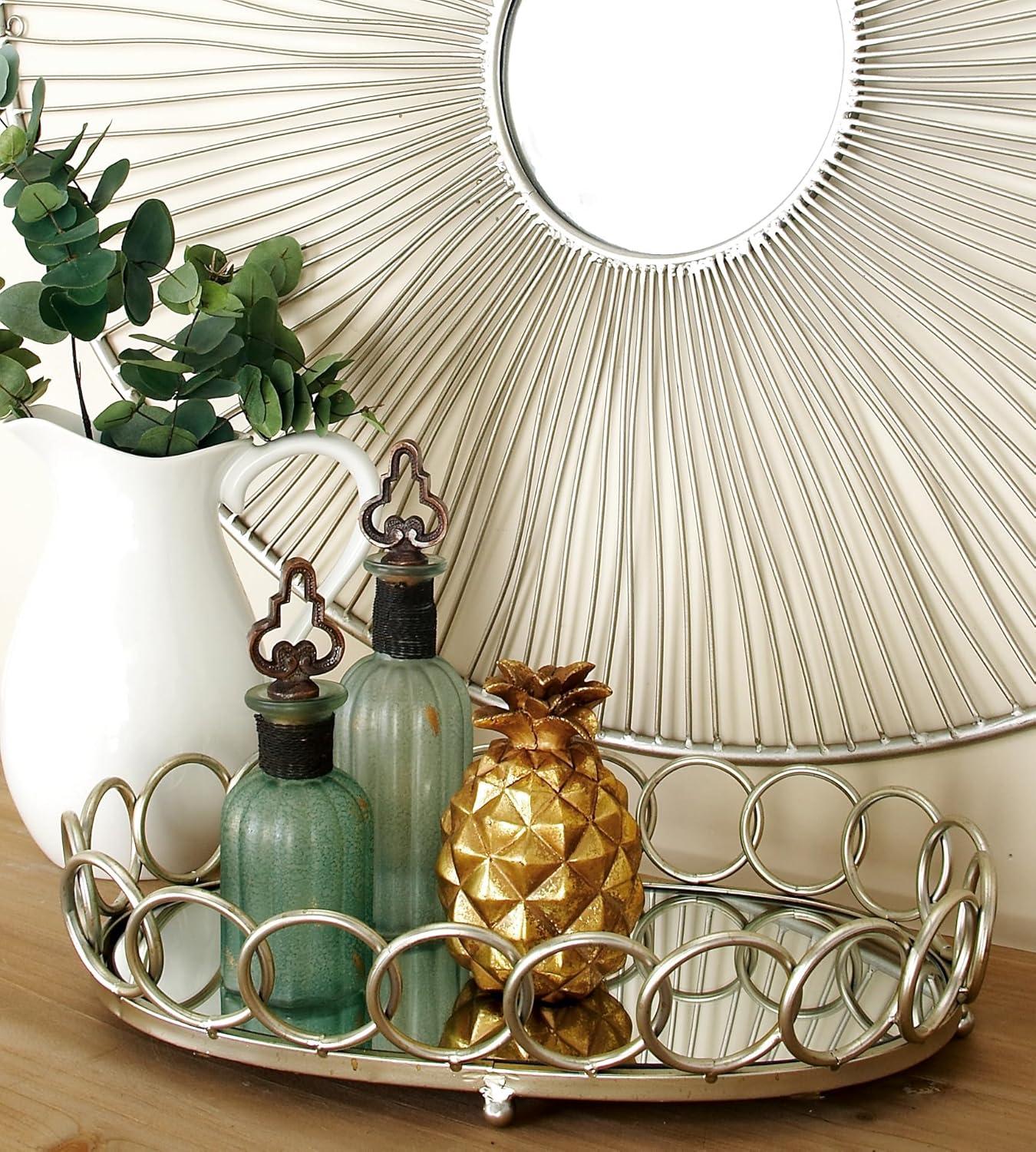 DecMode 22", 18"W Silver Metal Mirrored Geometric Tray with Circle Patterned Sides, 2-Pieces