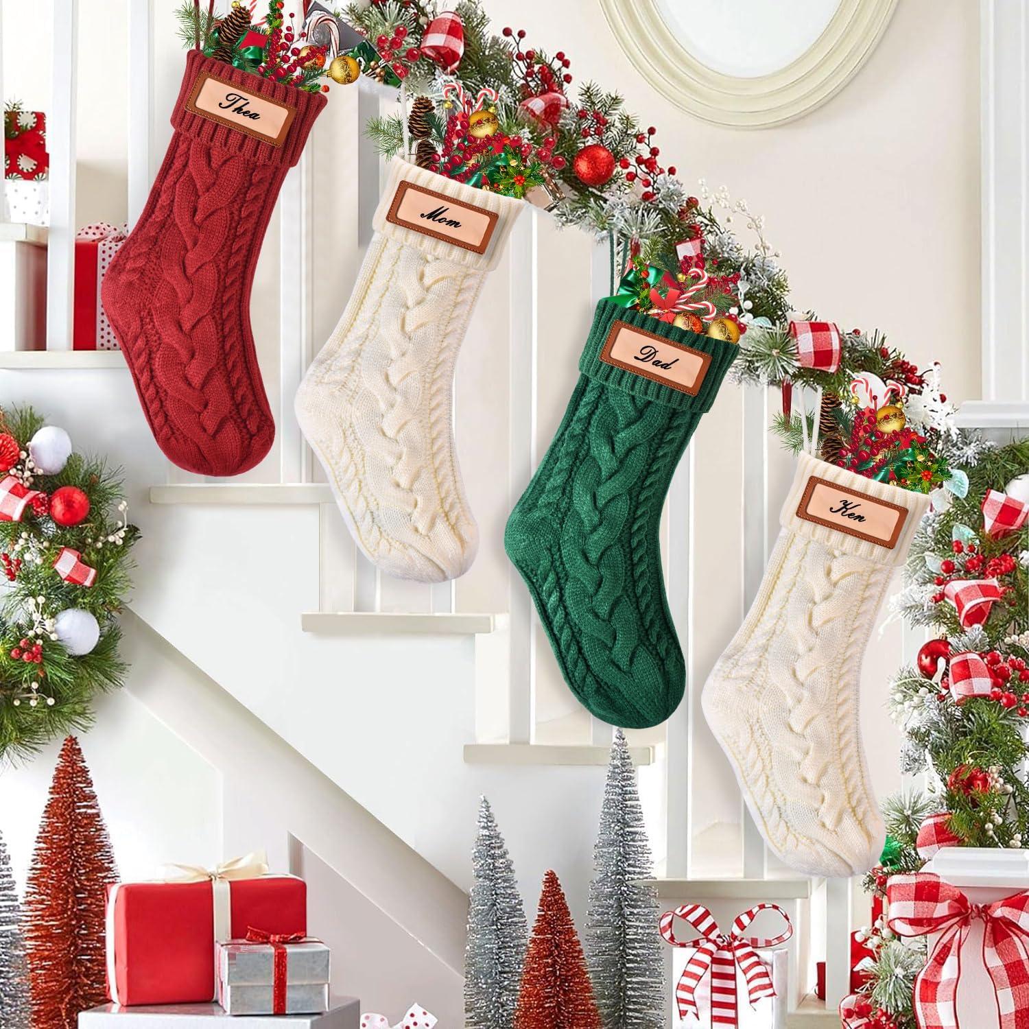 Large Red and Green Cable Knit Christmas Stockings, 4 Pack