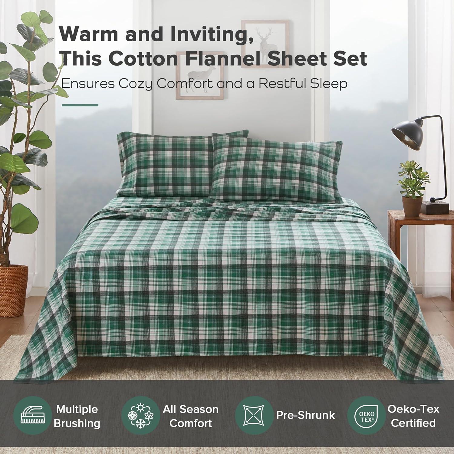 King Patterned Flannel Sheet Set Green Plaid