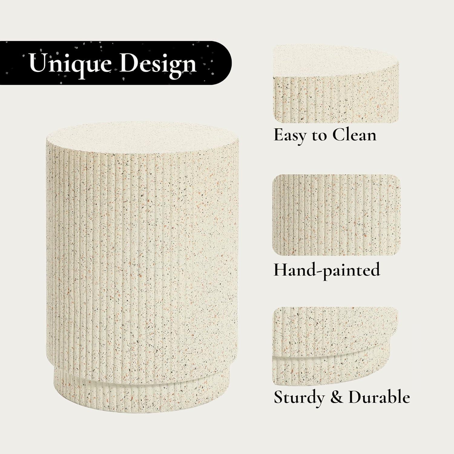 LuxenHome Outdoor Side Table, 17" Ivory White Cement Round Patio End Table,Outdoor Coffee Table for Garden Poolside,Accent Side Table