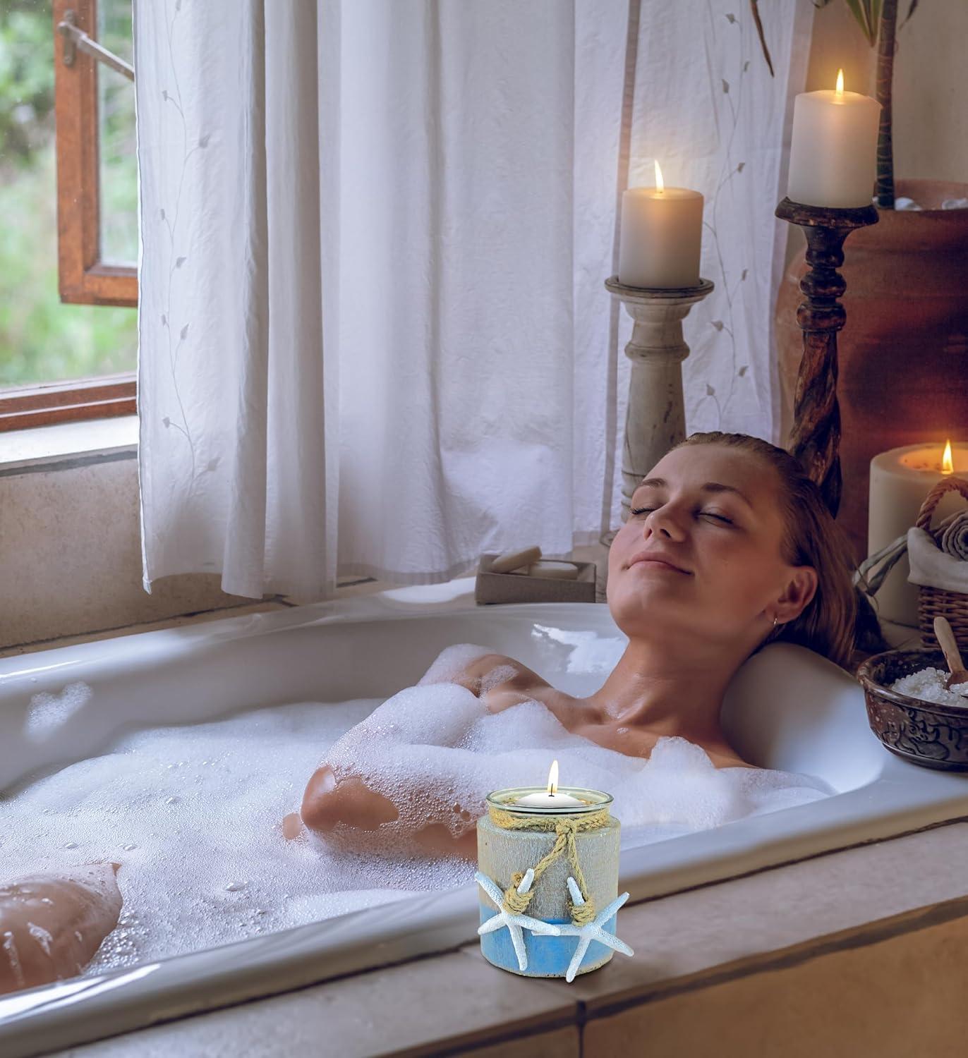 CoTa Global Ocean Breeze Wooden Pillar Candle Holder - Tabletop Coastal Decor Candle Holder with Hanging White Starfish, Ocean-Themed Blue Candle Holder Centerpieces - Handmade, Color May Vary