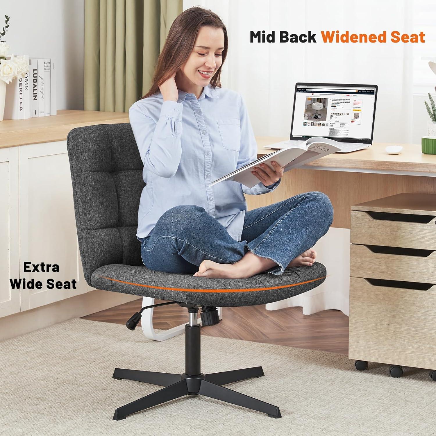 Furniliving Home Office Desk Chair with Wheels,Criss Cross Legged Wide Chair Armless Height Adjustable Chair with Mid Back Swivel Accent Vanity Chairs,Linen-Beige
