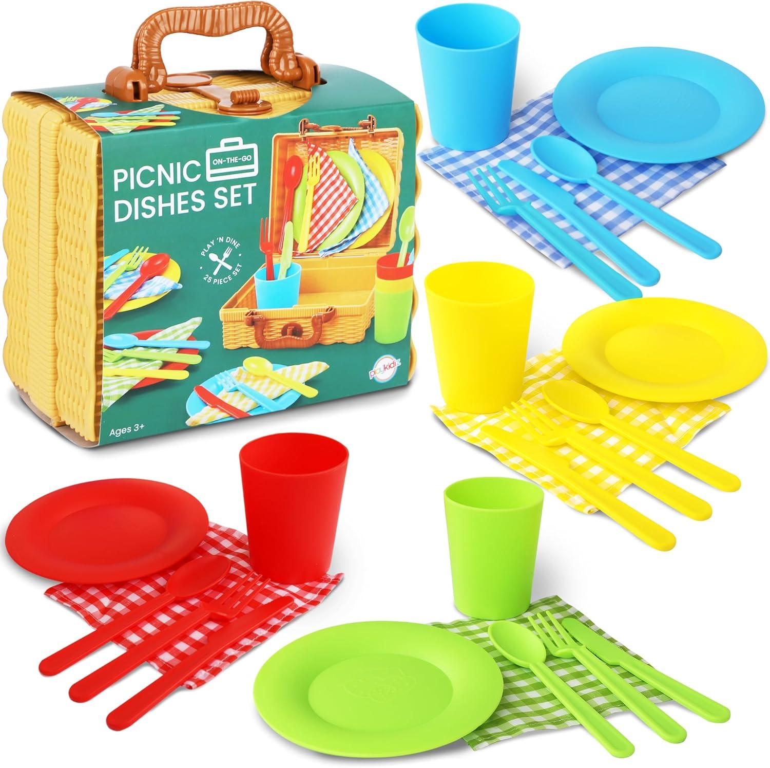 Playkidiz 25 Piece Kids Picnic Basket Toy Dishes