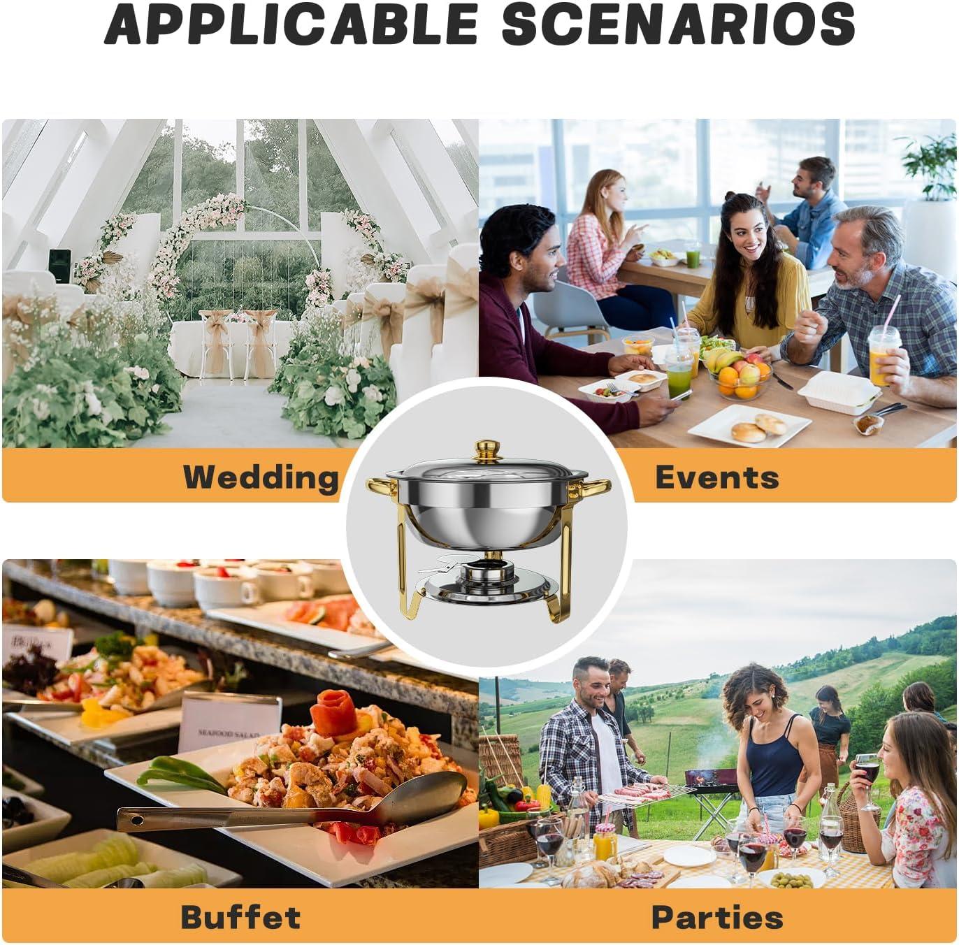 WhizMax Chafing Dish Buffet Set 2 Pack 5QT, Stainless Steel Round Chafing Dishes for Buffet with Lid Holder & Glass Lid, Gold