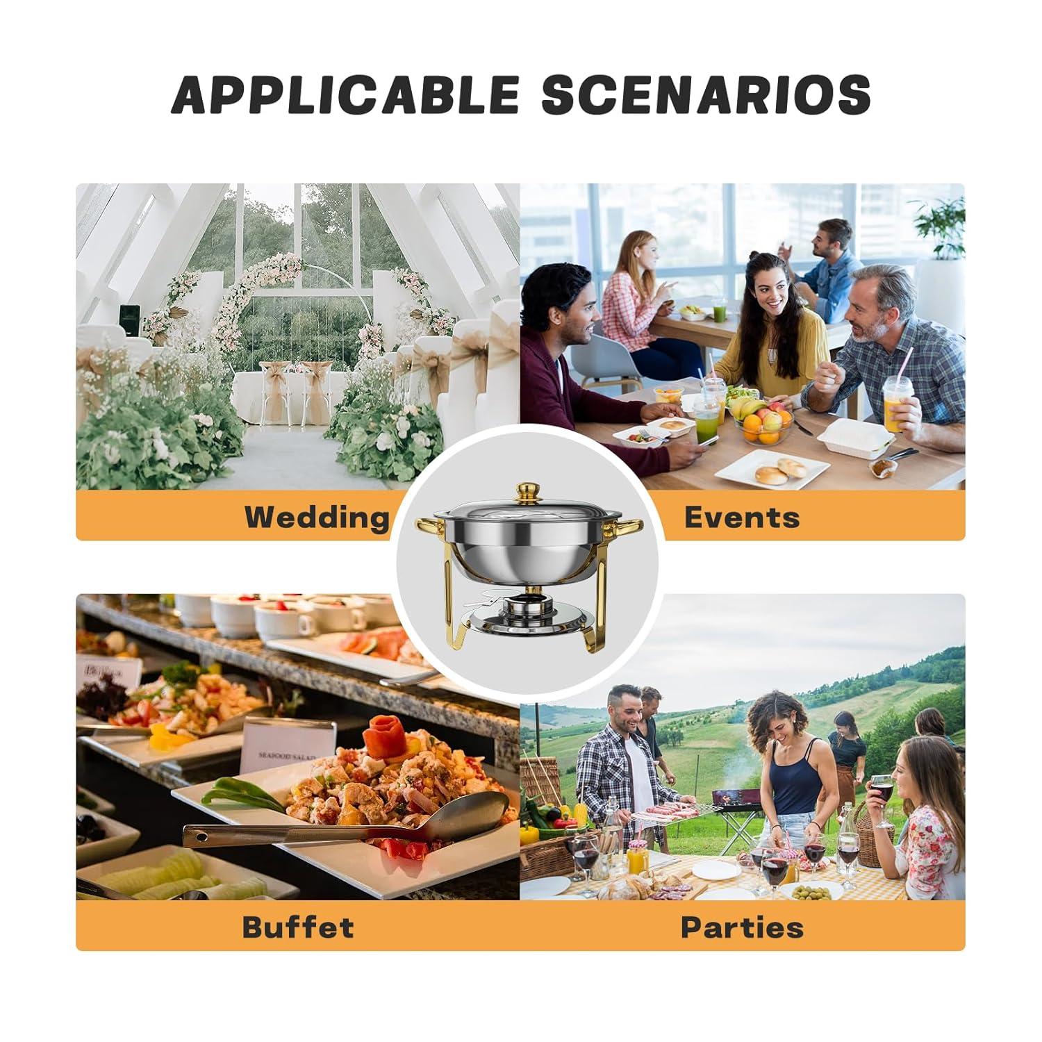 WhizMax Chafing Dish Buffet Set 2 Pack 5QT, Stainless Steel Round Chafing Dishes for Buffet with Lid Holder & Glass Lid, Gold