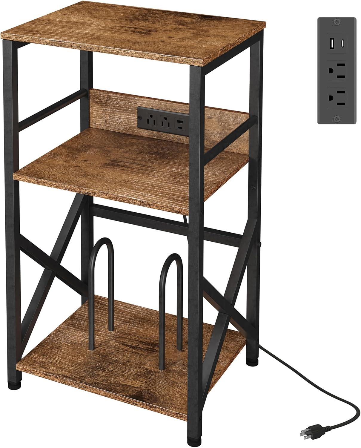 Record Player Stand with Charging Station, Turntable Stand with Storage Cabinet, 3 Tier End Table Hold Up to 100 Albums, Record Stand for Vinyl, Living Room, Rustic Brown