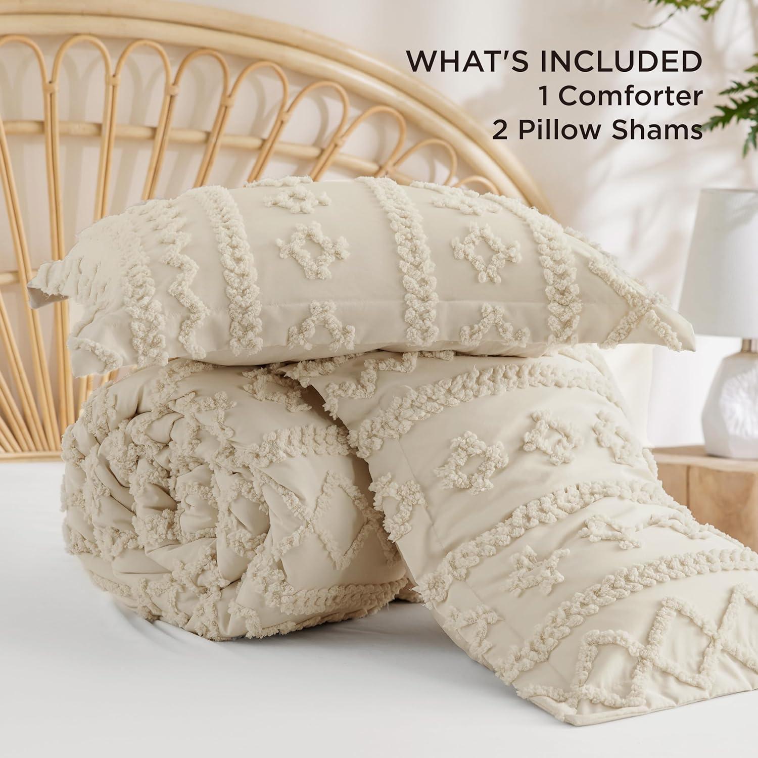 Cozy Comfort Tufted Boho Comforter Set Full, Beige, 3 Pieces Farmhouse Shabby Chic Embroidery Bed Set, Soft Jacquard Comforter for All Seasons