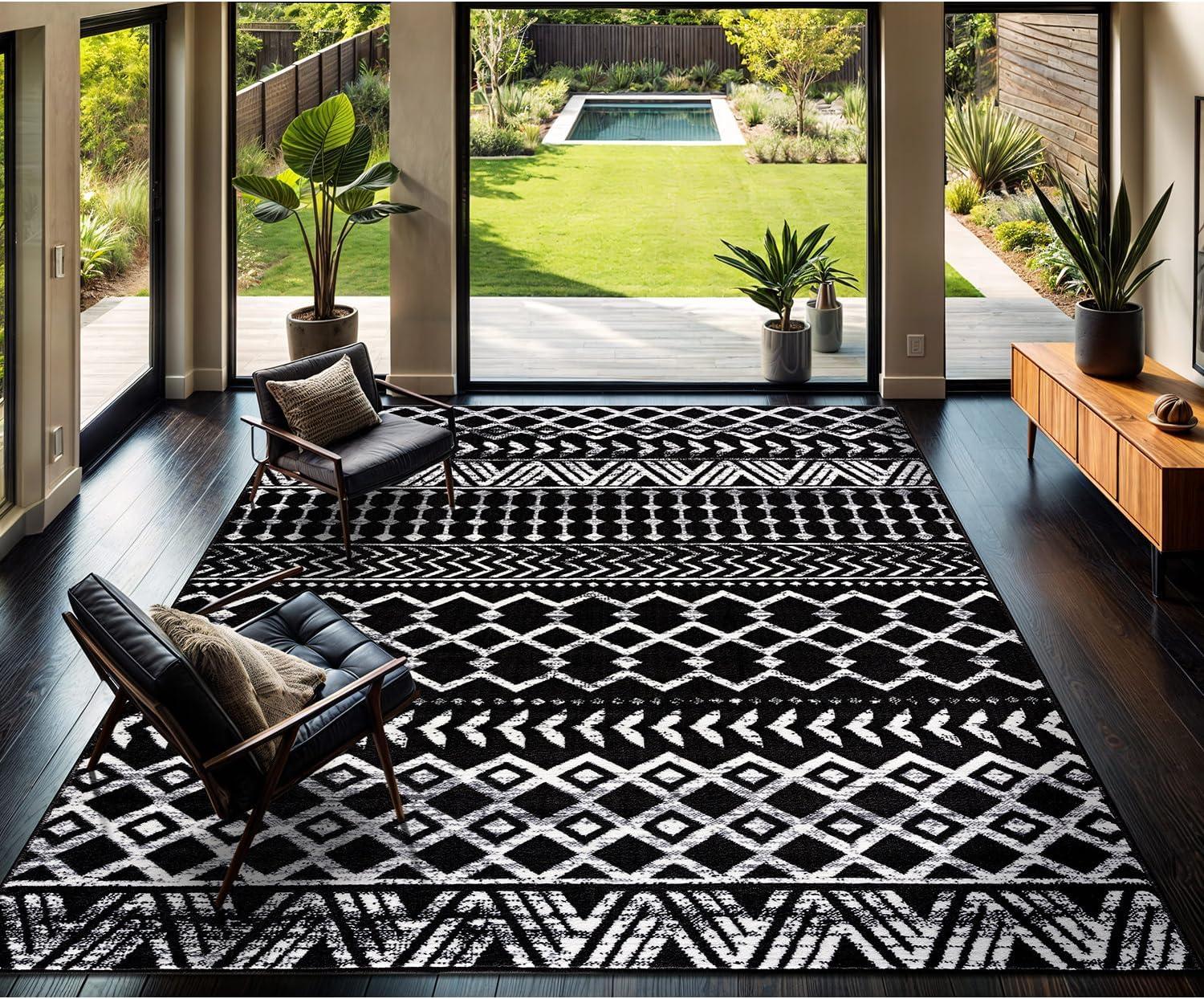 CAMILSON Crystal Black Area Rug7'10"x10' Boho for Living Room Bedroom Dining Room Black Indoor Area Rugs