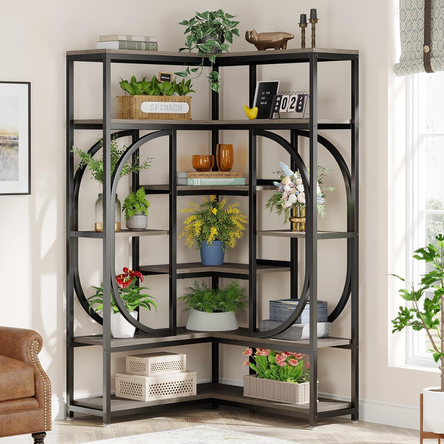 Tall Grey and Black L-Shaped 7-Shelf Corner Bookcase