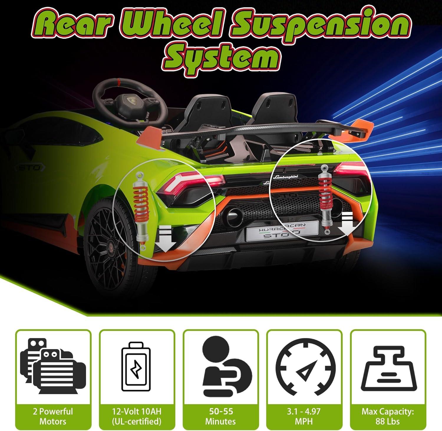 Track 7 12V Kids Ride on Car, Licensed Lamborghini STO Electric Car for Kids Age 3+, Remote Control, Music, Motorized Drift Electric Vehicle, Max Speed 5mph, Green