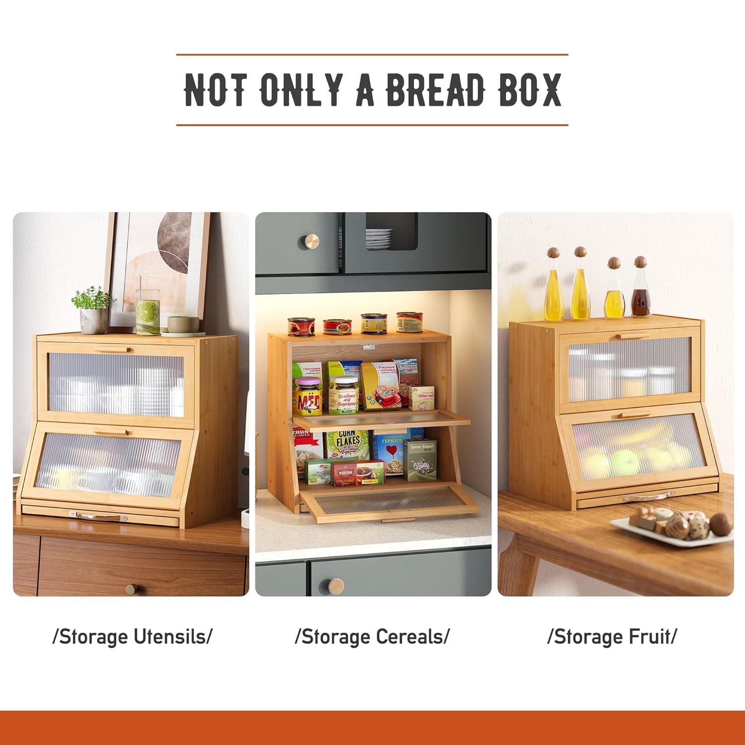 Prep & Savour Large Bread Box For Kitchen Counter, Bamboo Wooden Double Layer Large Capacity Bread Storage Bin With Acrylic Wavy Door Panel (Natural + Cutting Board)