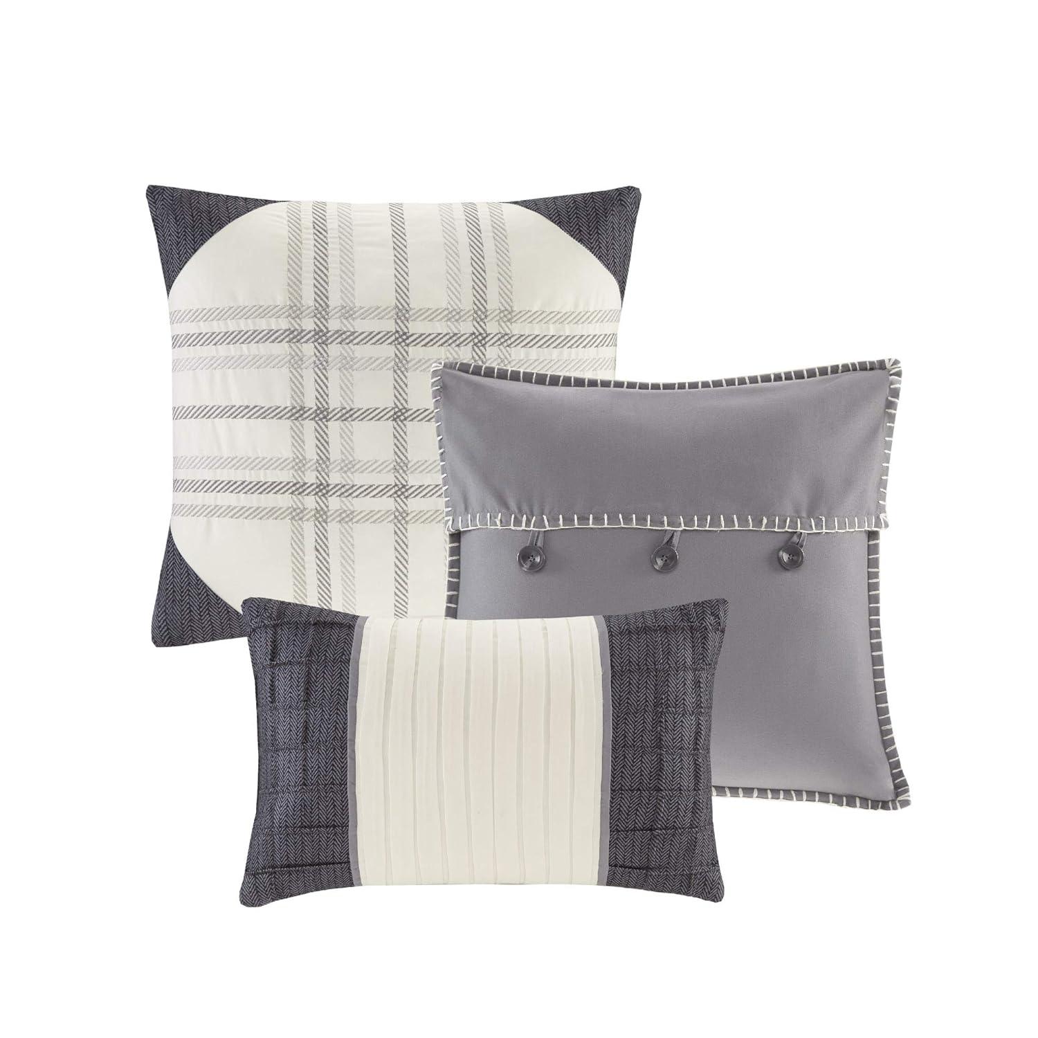 Madison Park 6pc King/California King Warren Herringbone Quilted Reversible Coverlet Set with Decorative Pillows Gray: Rustic Comfort Bedding Set