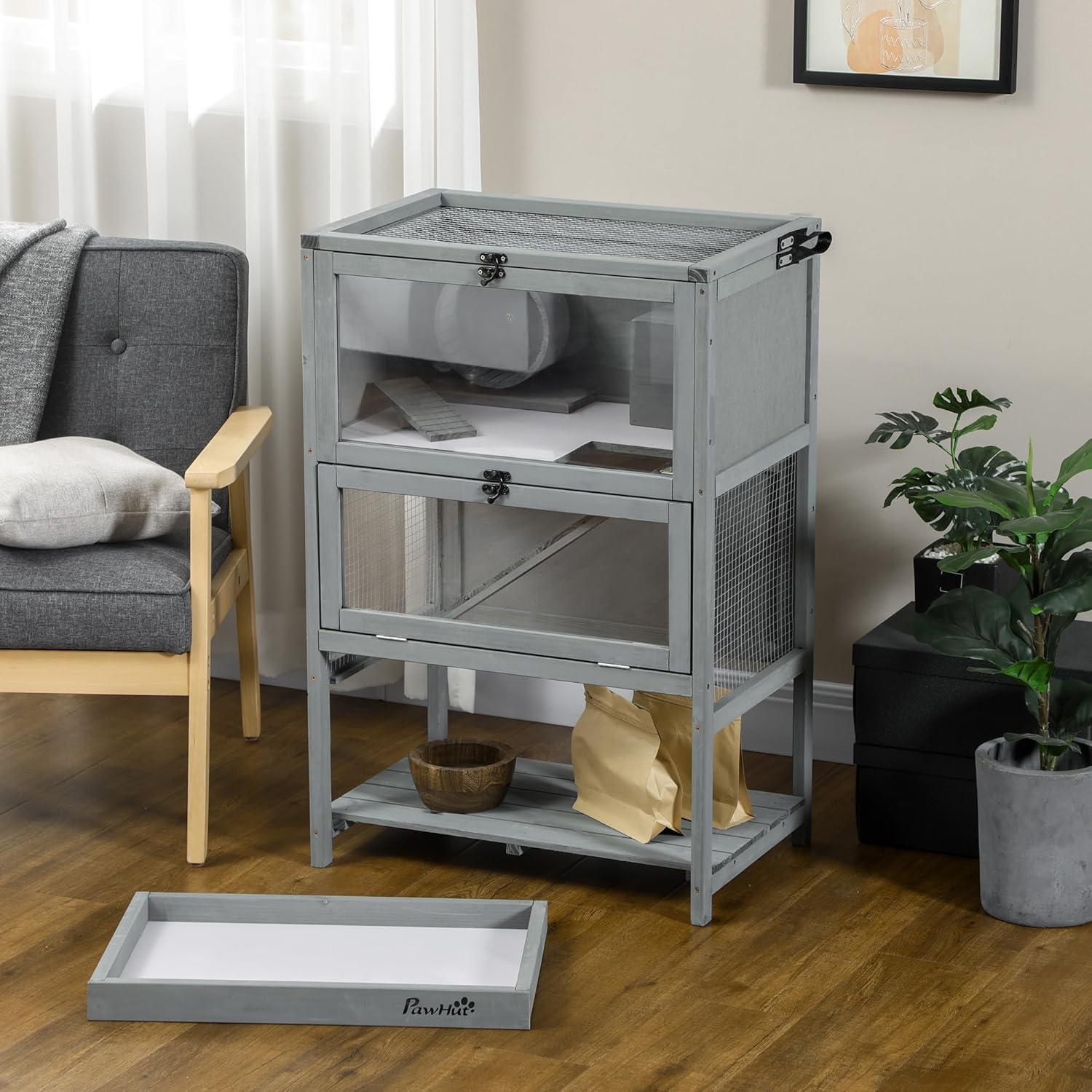 Gray Wooden Multi-Level Hamster Cage with Storage Shelf