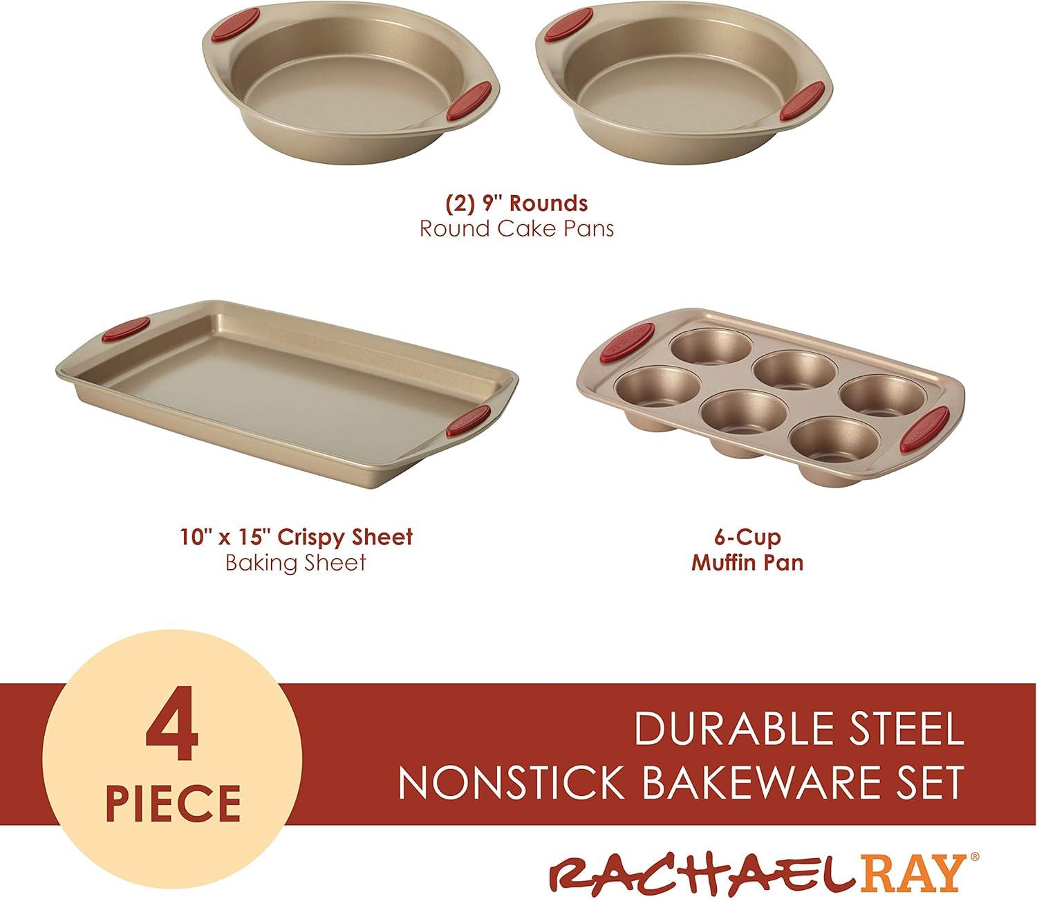 Latte Brown Nonstick Bakeware Set with Cranberry Red Grips, 4 Piece