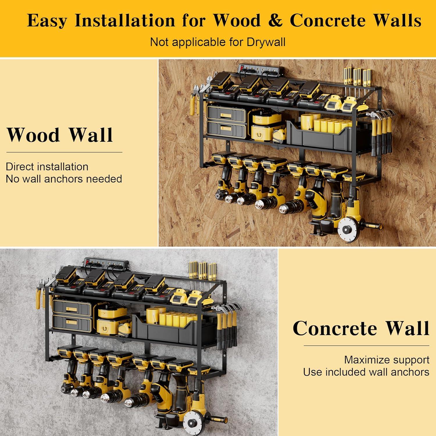 Spampur Power Tool Organizer Wall Mount with Charging Station, Garage Tool Shelf 6 Drill Holders, Tool Battery Holder with Plier holder Heavy Duty Rack, Tool Storage Rack with 4 Outlet Power Strip