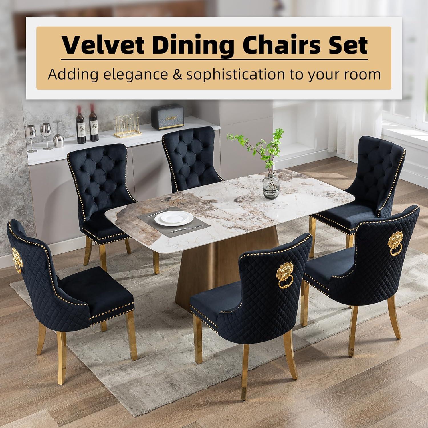 ODUSE-DAILY Black Velvet Dining Chairs Set of 6, Kitchen & Dining Room Chairs, Nailheads Tufted, Sillas De Comedor, Fabric Upholstered, Golden Metal Legs (Black, 6 Pcs)