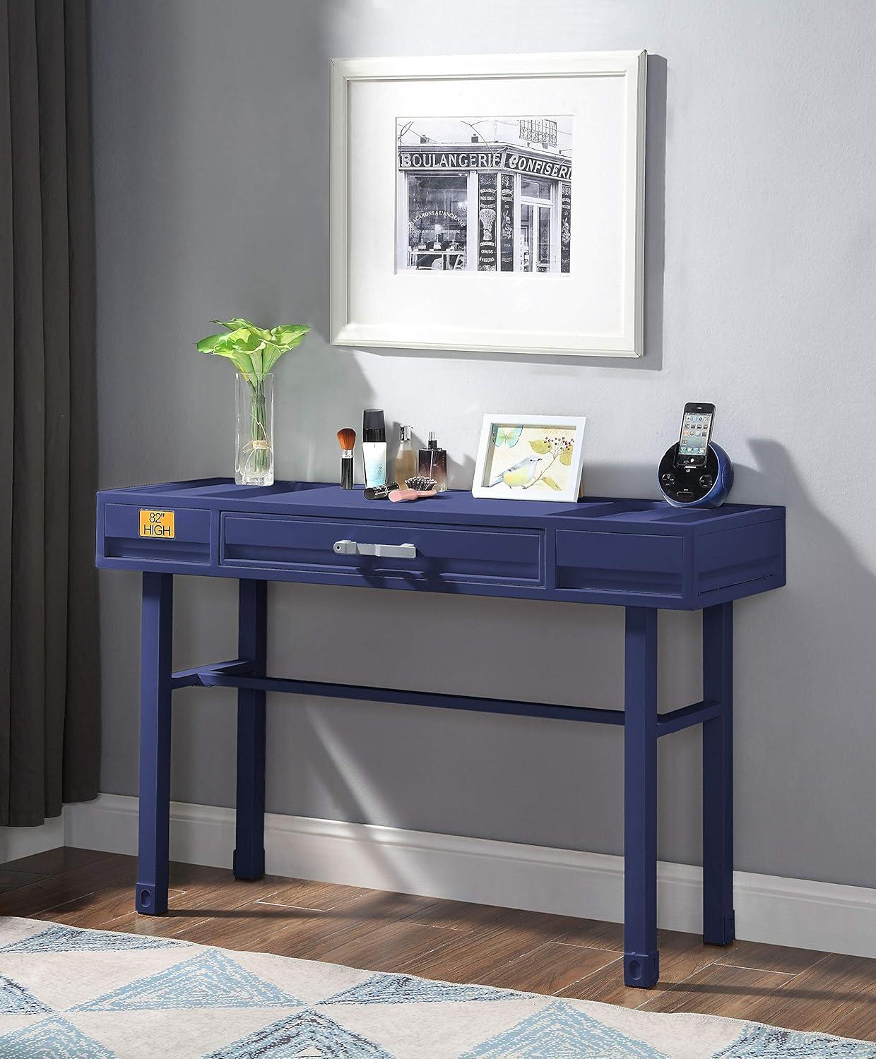 Cargo Vanity Table Blue with Drawer - Acme Furniture: Dressing Table, Metal Frame