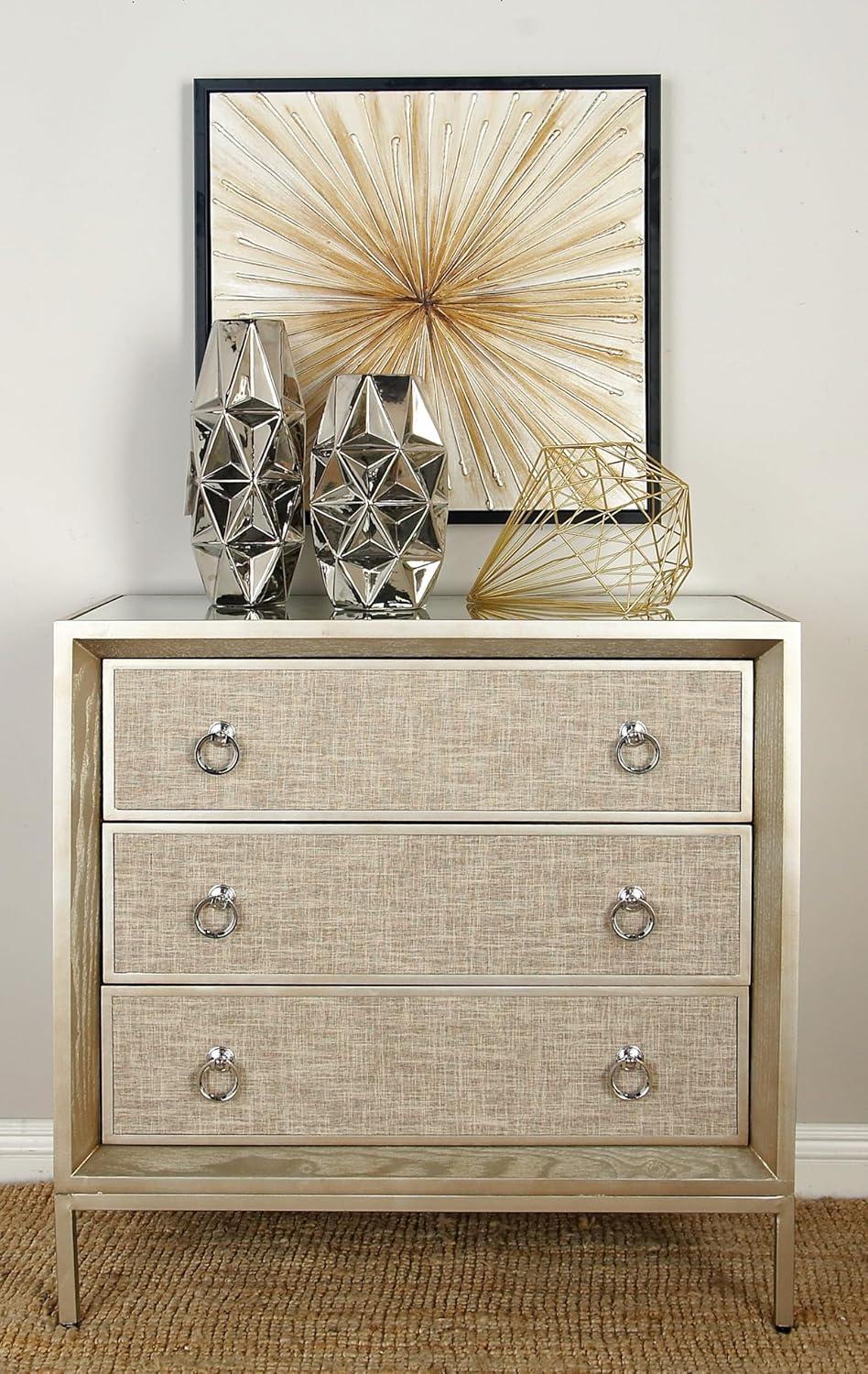 Imboden Wooden Upholstered Front Panel 3 Drawer Room Chest with Mirrored Top and Ring Handles