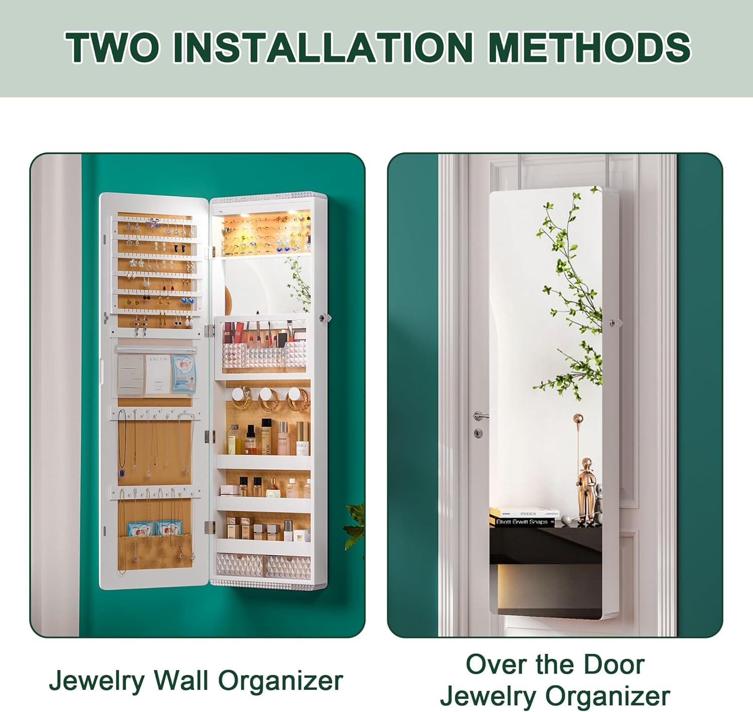 Hokku Designs LED Mirror Jewelry Cabinet,47.2" Wall Mounted Jewelry Organizer with Full-Length Mirror,Over The Door Hanging Jewelry Armoire Storage Cabinet,Folding Dresser,2 Drawers,Lockable, 3 Shelves(White)