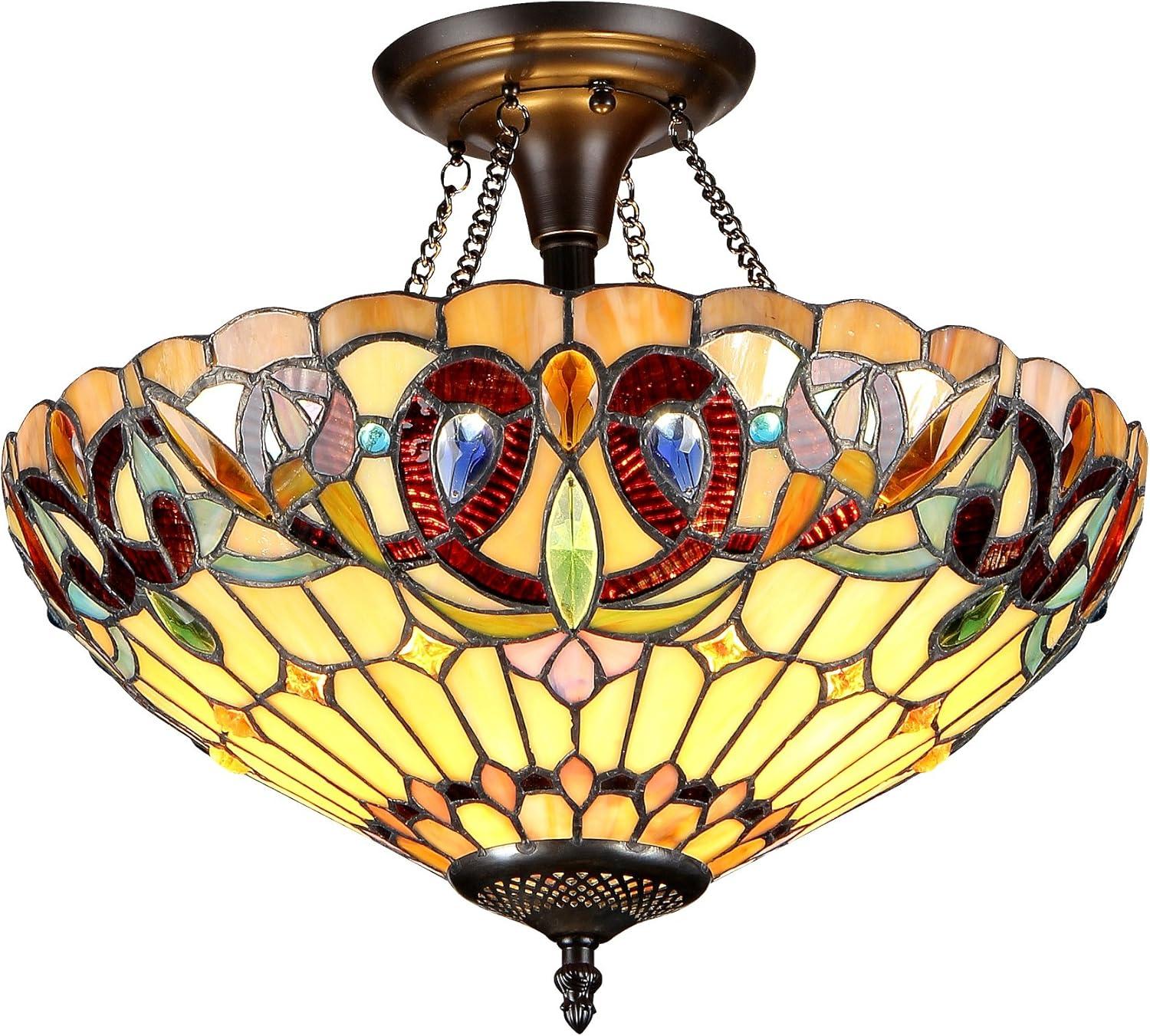 SERENITY Tiffany-style 2 Light Victorian Semi-flush Ceiling Fixture 16" Shade