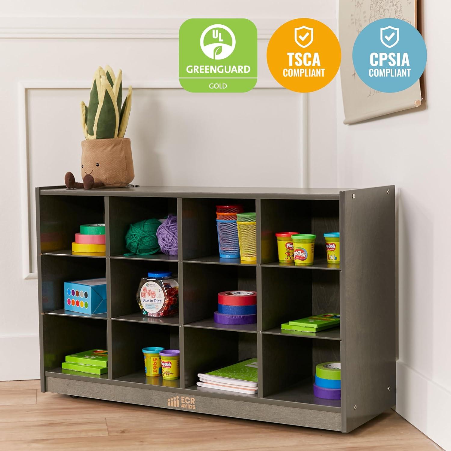 Grey Wash 12-Cubby Mobile Tray Storage Cabinet for Kids