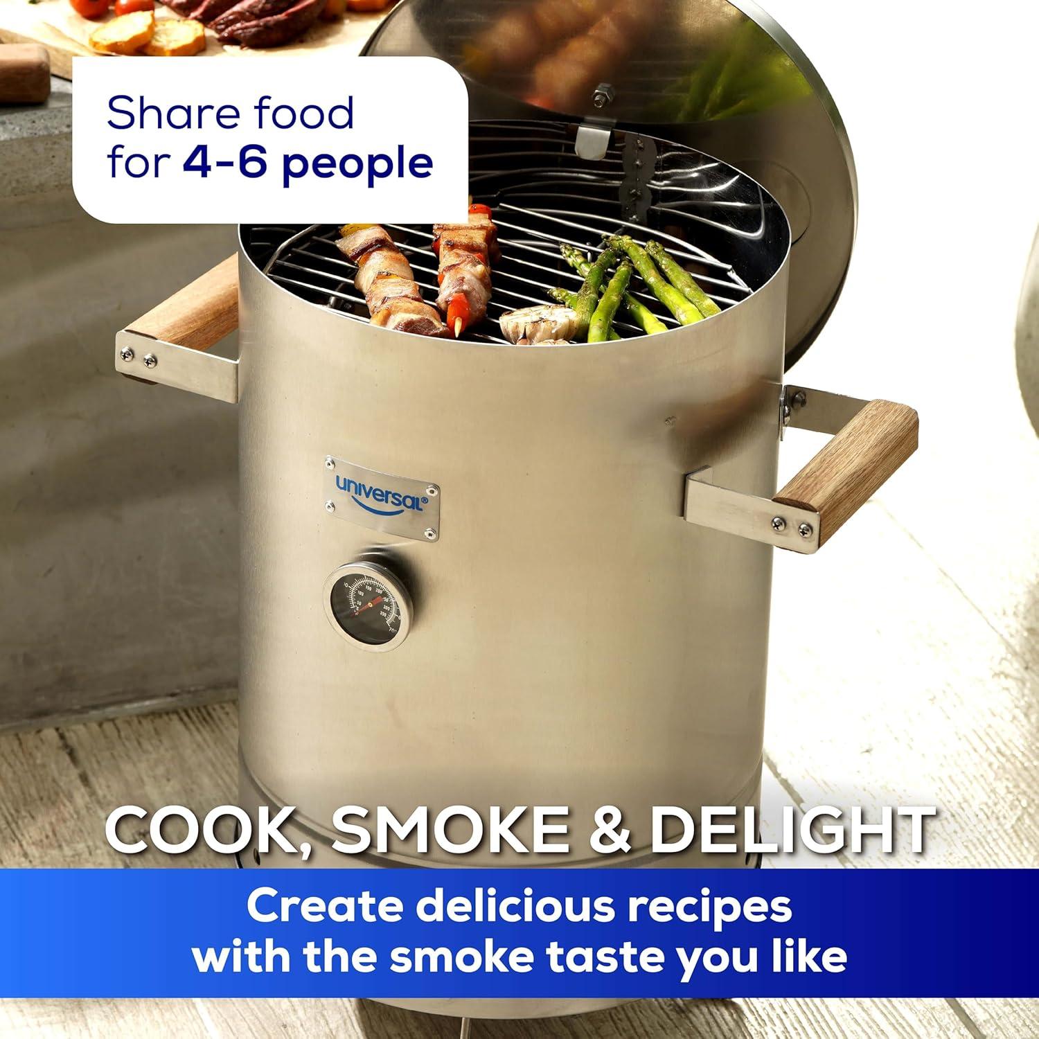 Universal Universal Stainless Steel Small 6-pound Charcoal Barrel Smoker with Thermometer, Grill & Smoker
