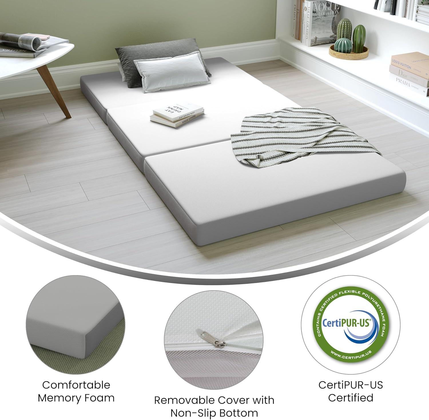 Flash Furniture Cloud Portable Tri-Fold 4" Cooling Memory Foam Twin Mattress in a Box with Removable Washable Cover