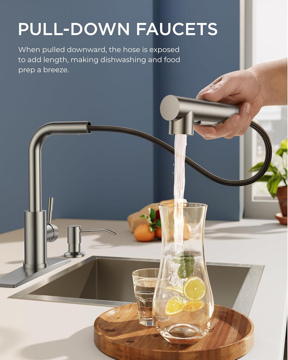 Brushed Nickel Stainless Steel Kitchen Faucet with Pull Down Sprayer