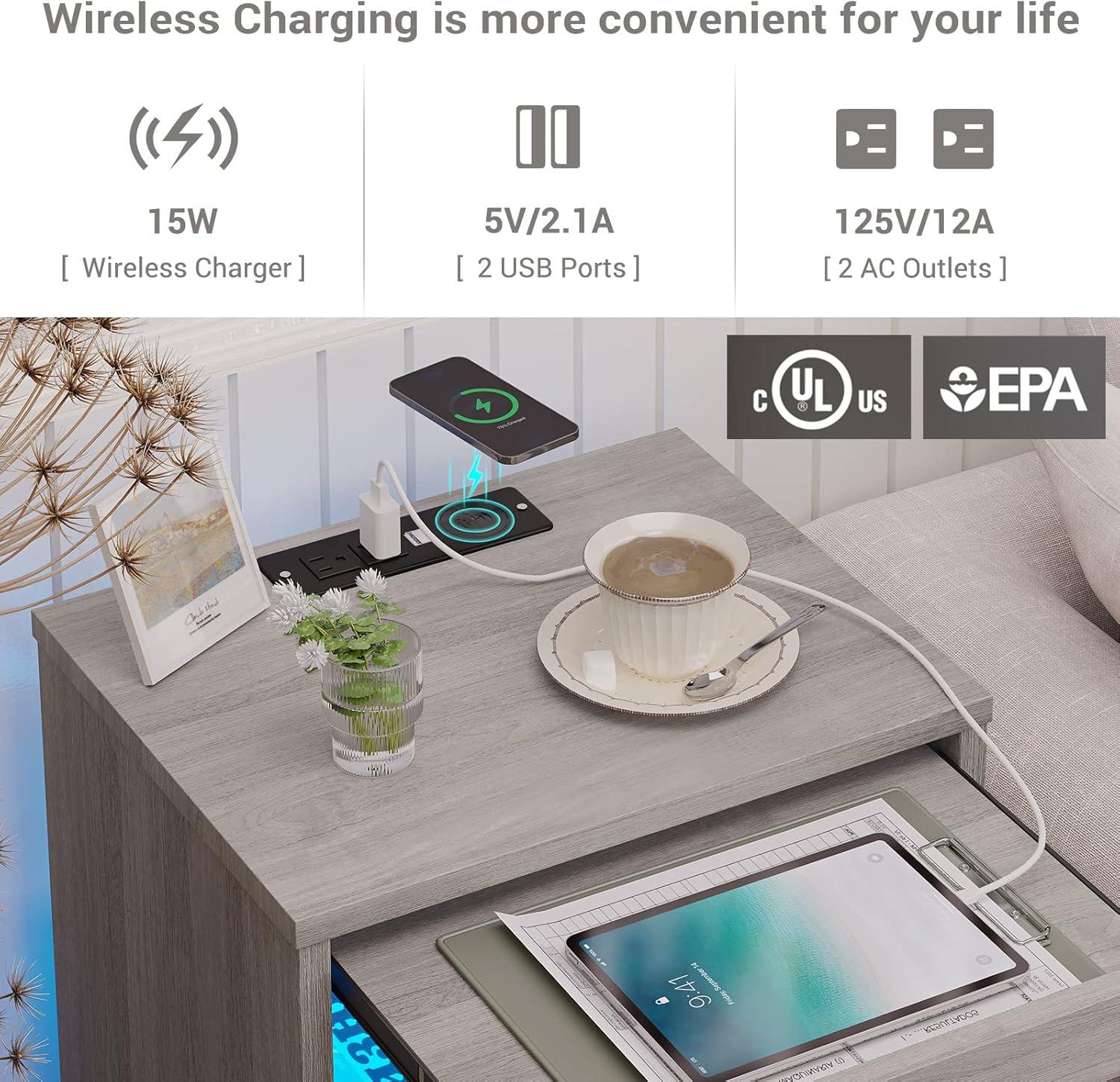 Exlonjet Black Nightstand with Wireless Charging Station and LED Lights, Bedside Table with 2 Drawers, Open Storage, 1 Pull-Out Tray, End Side Table with Charging Station, LED Night Stand with Storage