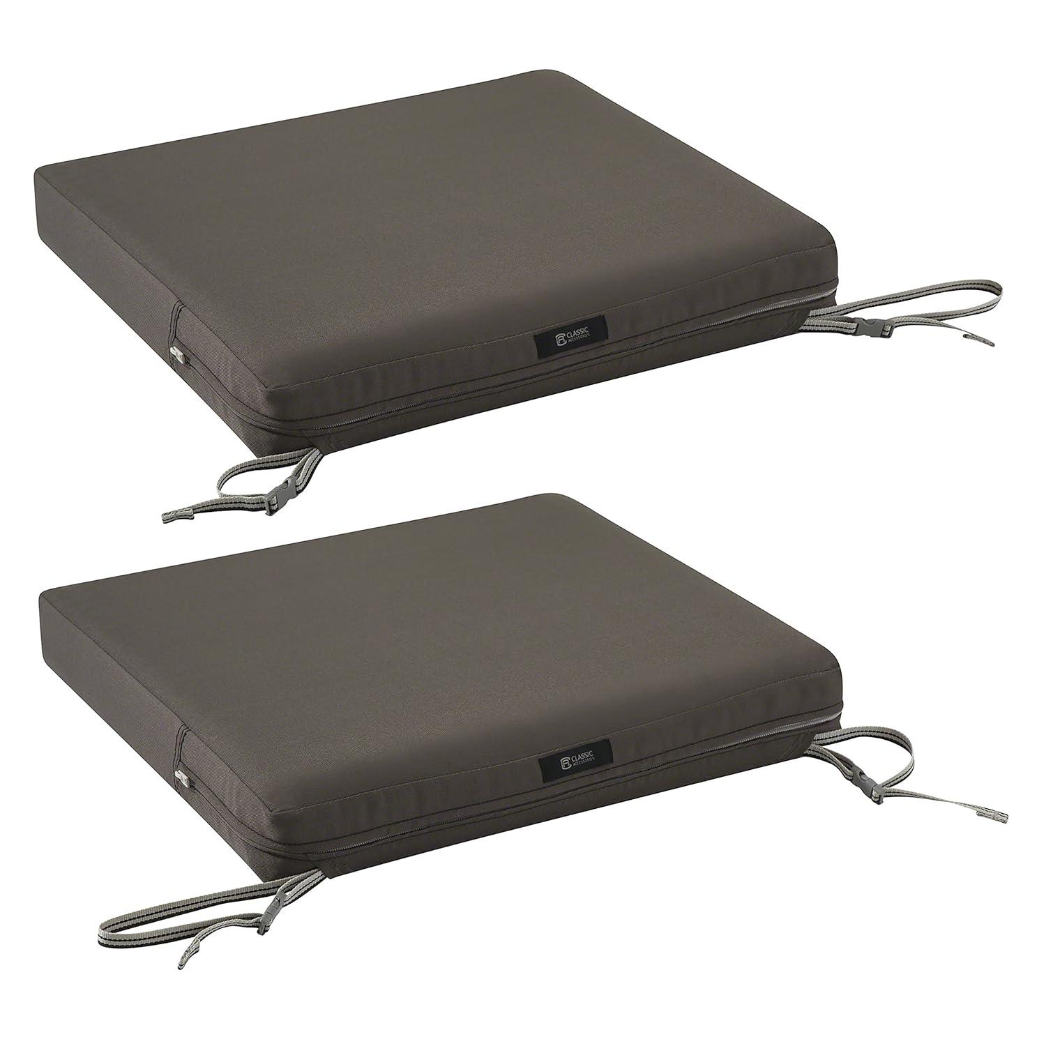 Classic Accessories Ravenna® Square Patio Seat Cushion Slip Cover & Foam - Durable Outdoor Cushion, Dark Taupe, 19"W x 19"D x 3"Thick