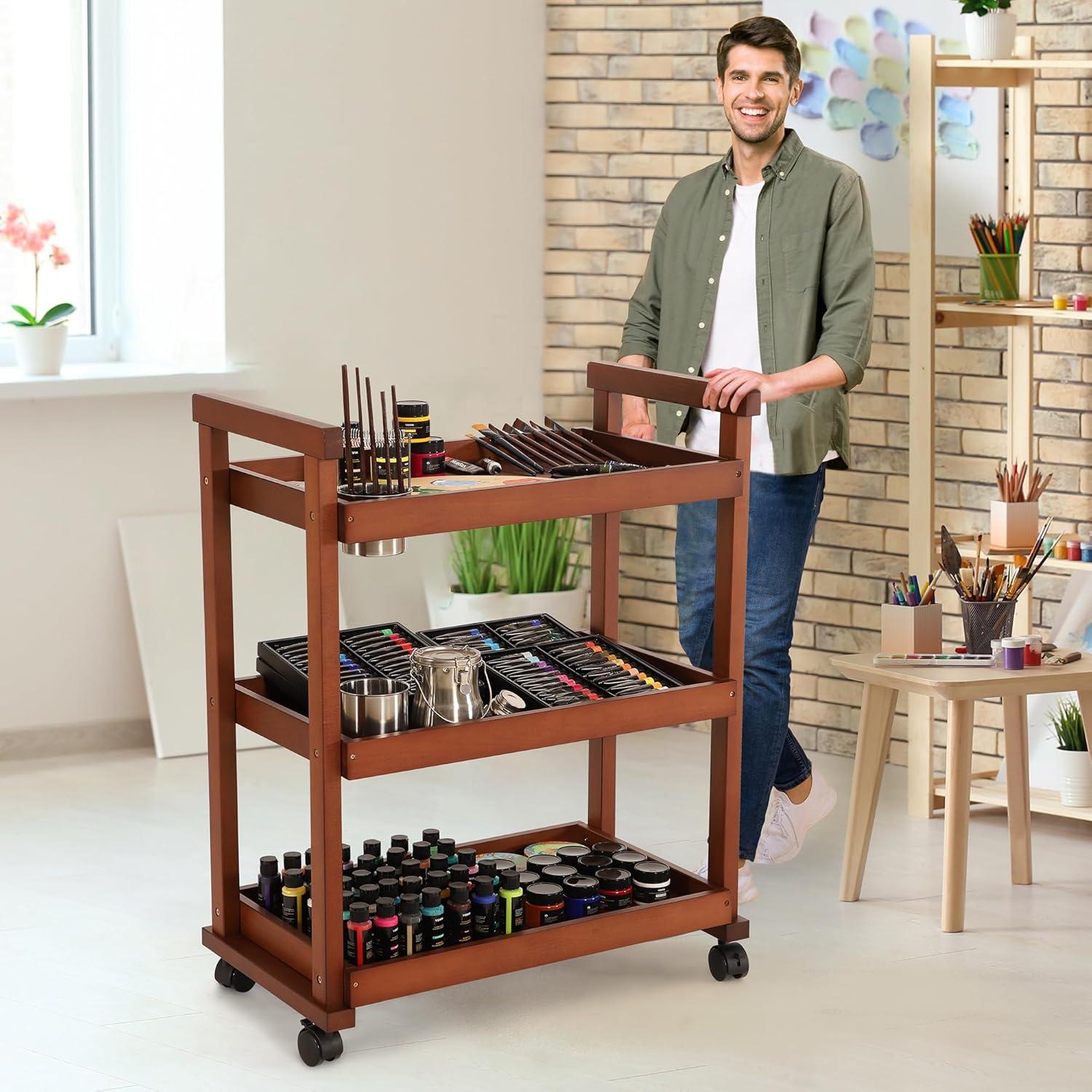 VISWIN 37" H Art Cart Storage Organizer 3-Tier with Caster Wheels-Walnut