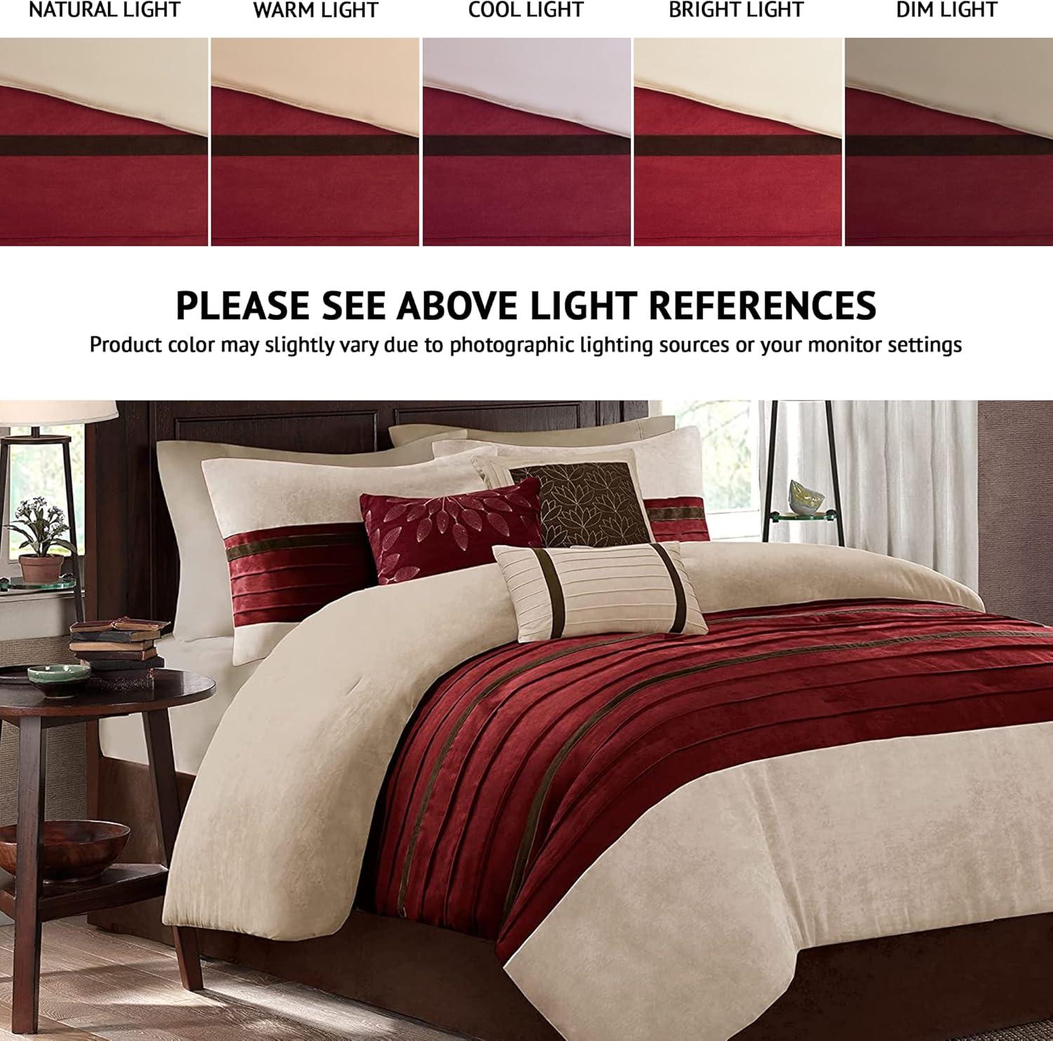 Home Essence 7 Piece Dakota Pieced and Pleated Microsuede Comforter Set, Red/Tan, King