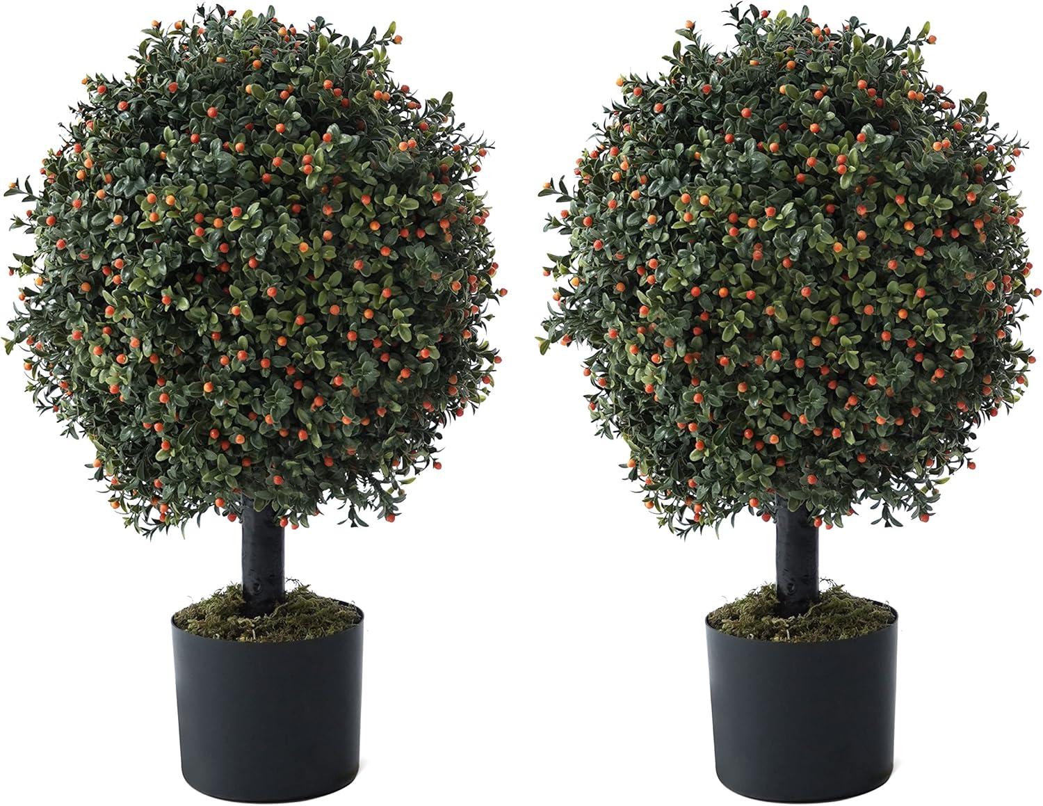 22" Green and Orange Plastic Boxwood Topiary Ball Trees in Black Pots