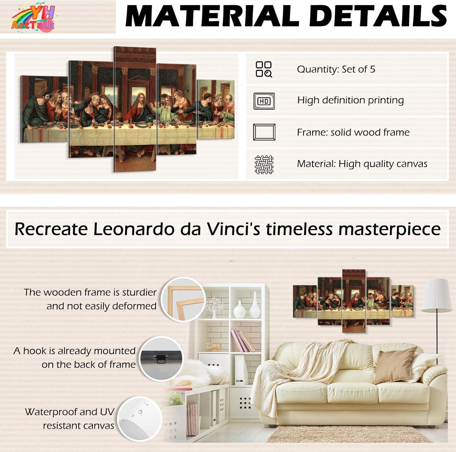 YOUHONG 5 Piece Last Supper Wall Art Christian Wall Decor Jesus Posters Leonardo Da Vinci Dining Room Decor The Last Supper Painting for Bedroom Living Room Decor (50''W x 24''H)