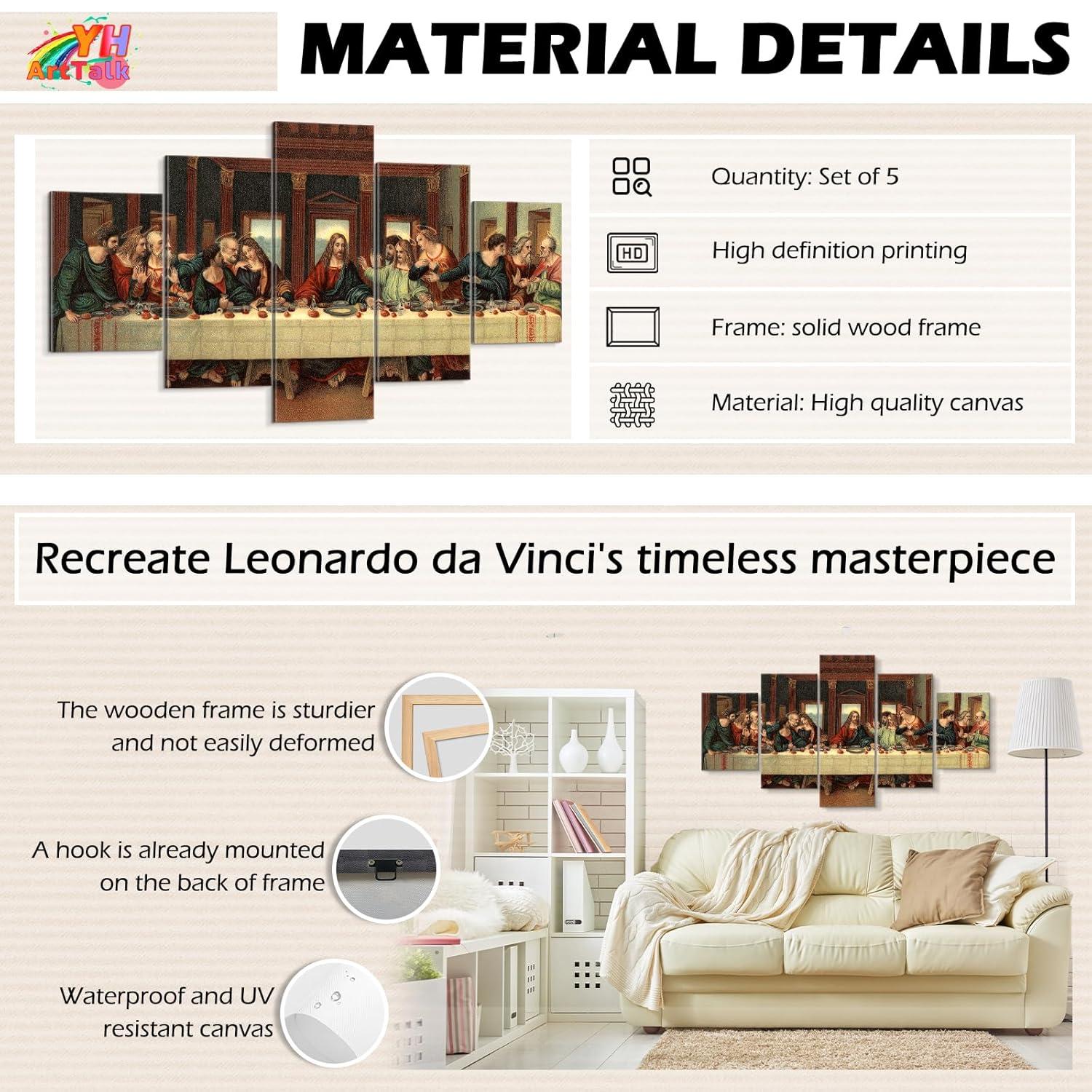 YOUHONG 5 Piece Last Supper Wall Art Christian Wall Decor Jesus Posters Leonardo Da Vinci Dining Room Decor The Last Supper Painting for Bedroom Living Room Decor (50''W x 24''H)