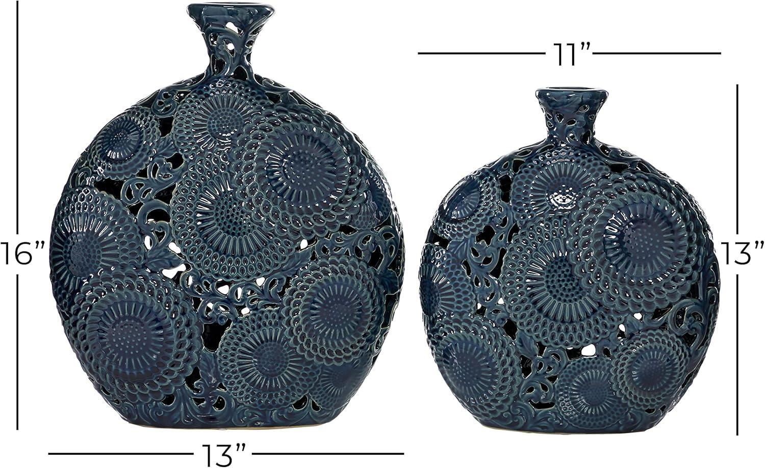 DecMode 16", 13"H Floral Blue Ceramic Vase with Cut Out Patterns, Set of 2