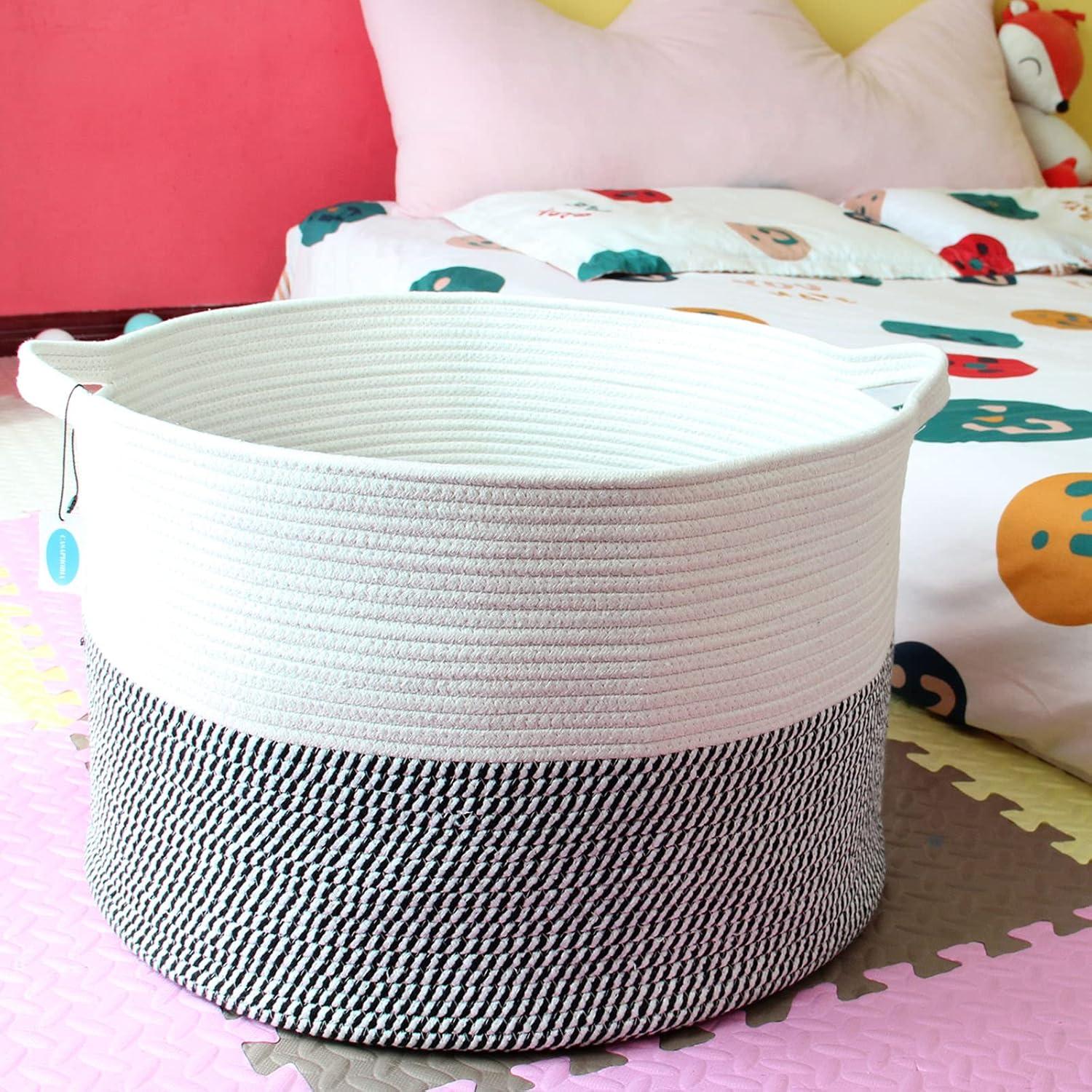 Casaphoria XXXLarge Cotton Rope Basket for Living Room - Woven Storage Basket with Handle for Blankets, Towels and Pillows Laundry Hamper | White & Grey (21.7" x 21.7" x 13.8")