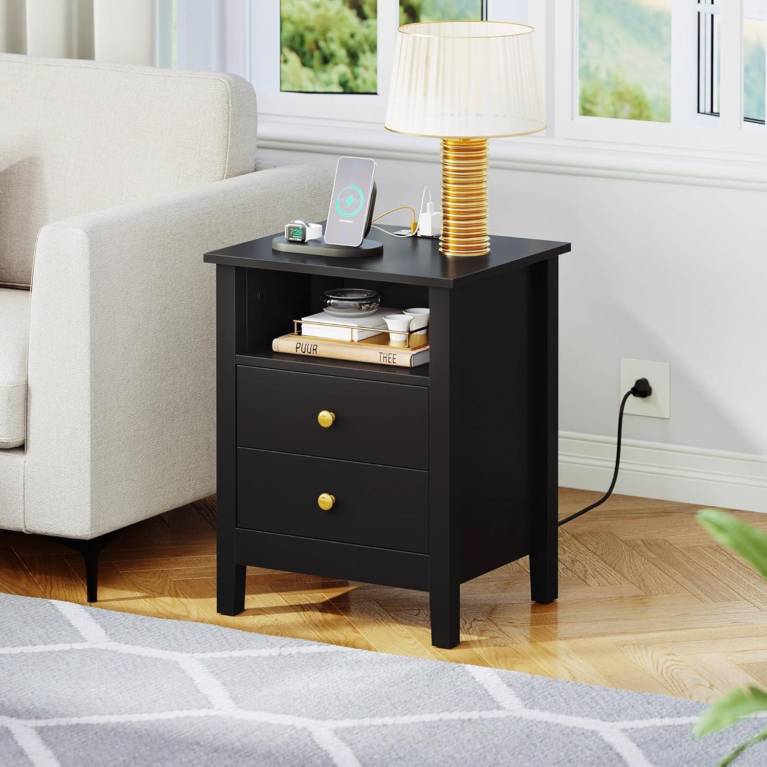 Nightstand with Charging Station, Bedside Table with USB & Type-C Port, Modern End Table with 2 Drawers for Bedroom Furniture, Black