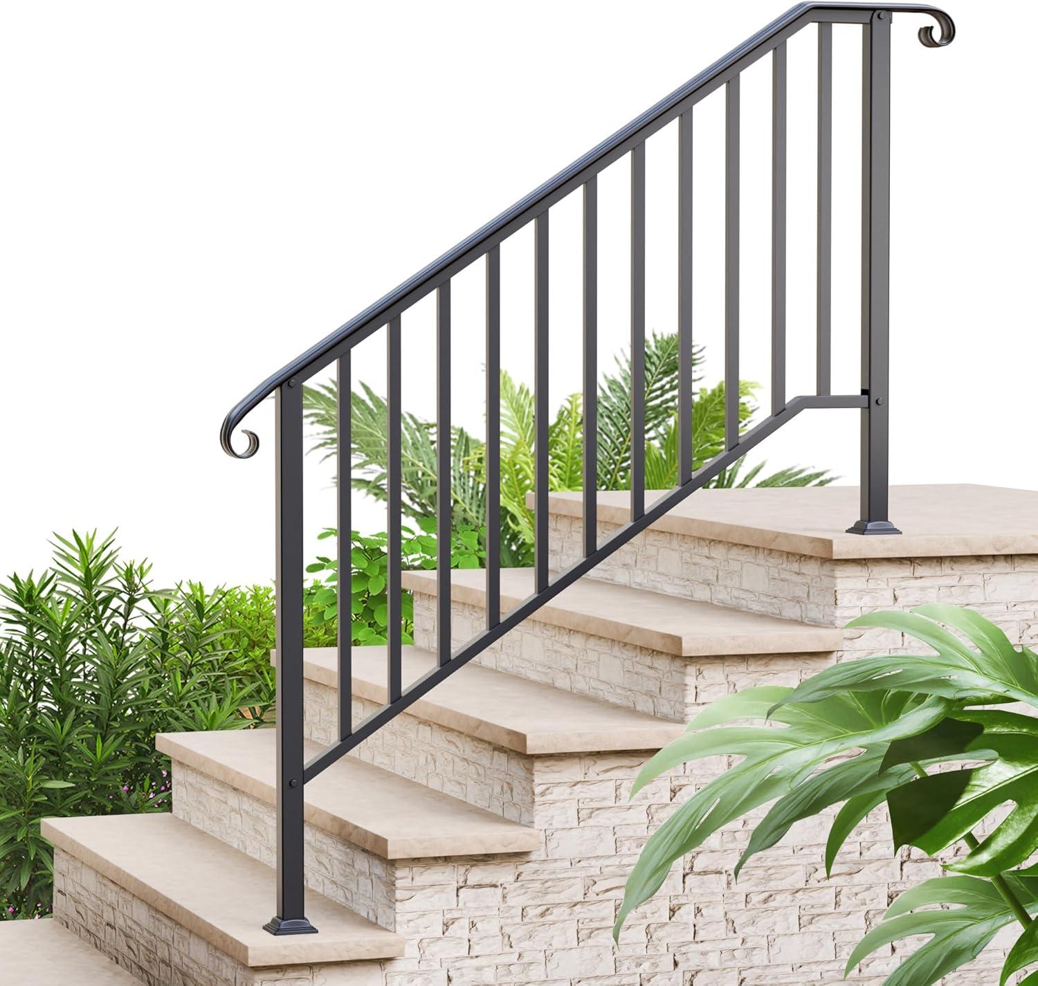 HLL Handrails for Outdoor Steps, Black Wrought Iron Handrail Fits 4 or 5 Steps, Transitional Handrail with Installation Kit, Stair Railing for Concrete Steps or Wooden Stairs