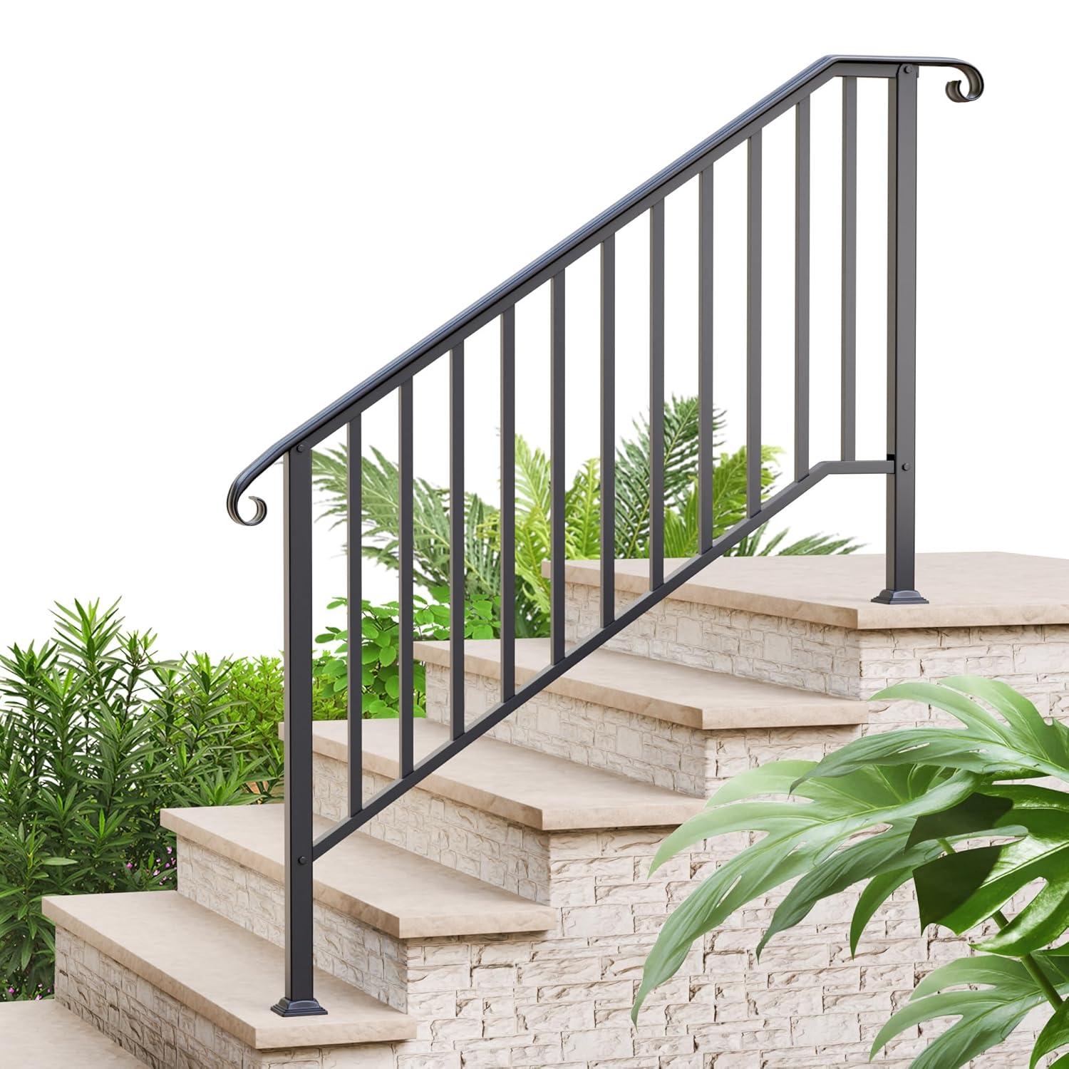 HLL Handrails for Outdoor Steps, Black Wrought Iron Handrail Fits 4 or 5 Steps, Transitional Handrail with Installation Kit, Stair Railing for Concrete Steps or Wooden Stairs