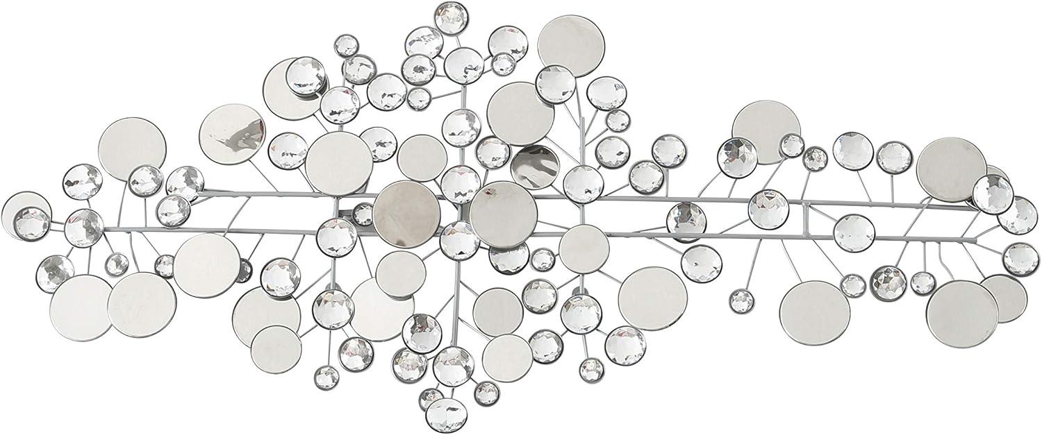 Modernist Floating Circles, Abstract Metal Wall Art, Artisan Crafted, Roundels of Silver, Mirrors, Faux Multi Carat Diamonds, Iron, Over 3 Ft Long, Hangers on Back