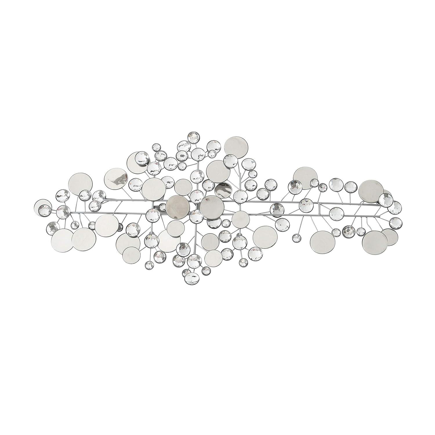 Modernist Floating Circles, Abstract Metal Wall Art, Artisan Crafted, Roundels of Silver, Mirrors, Faux Multi Carat Diamonds, Iron, Over 3 Ft Long, Hangers on Back