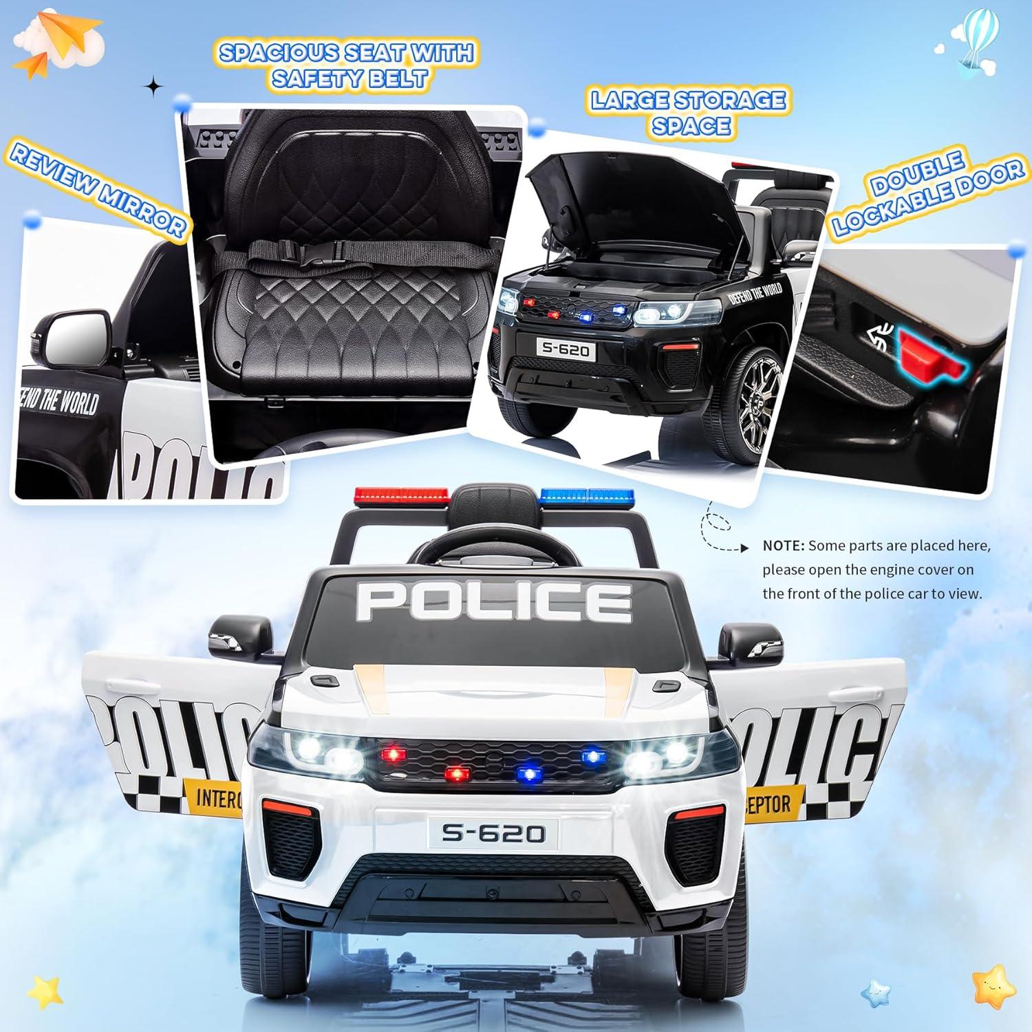 HOMMOW Kids Ride on Police Car, 12V 4AH Battery Powered Kids Ride on Toy with Remote Control, Flashing Lights and Music, White