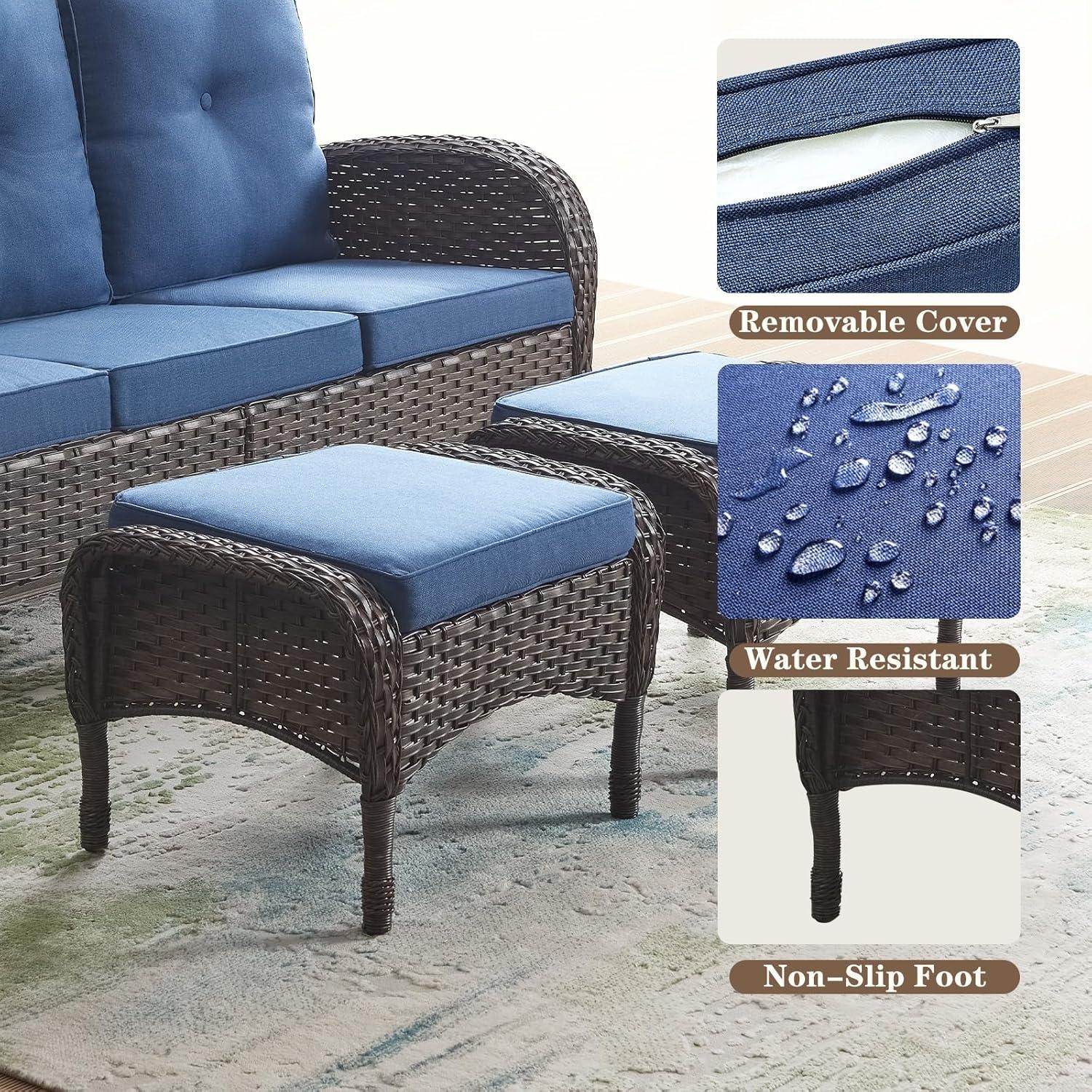 Flat Armrest Series Brown Wicker Outdoor Patio Ottoman with CushionGuard Blue Cushions (2-Pack)
