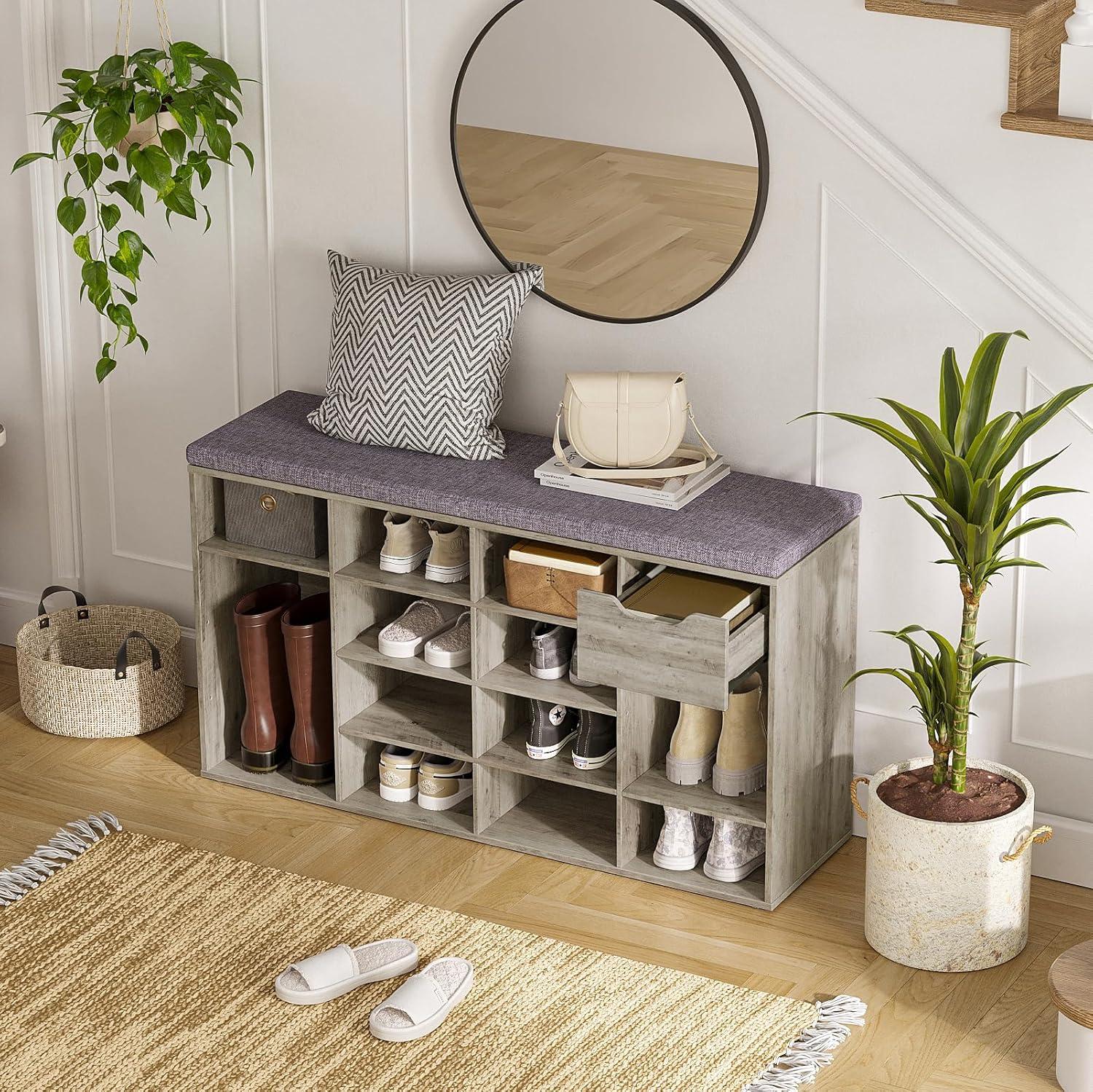 Shoe Rack Bench with Cushion 15-Cube Storage Bench Storage Cabinet for Entryway Espresso